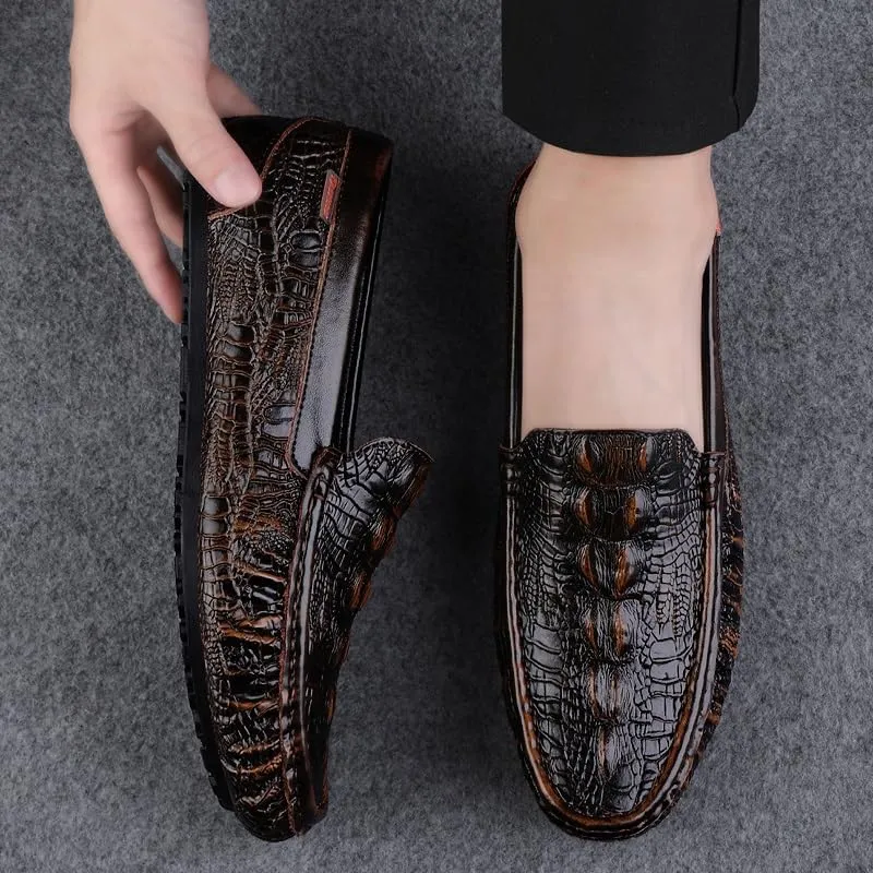 Men's Loafers Square Toe Crocodile Print Faux Leather Moccasins Shoes Flexible Flat Heel Comfortable Wedding Party Slip-ons