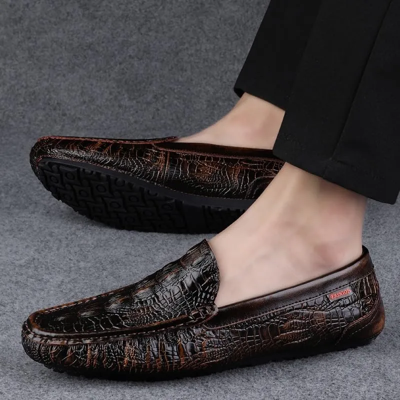 Men's Loafers Square Toe Crocodile Print Faux Leather Moccasins Shoes Flexible Flat Heel Comfortable Wedding Party Slip-ons