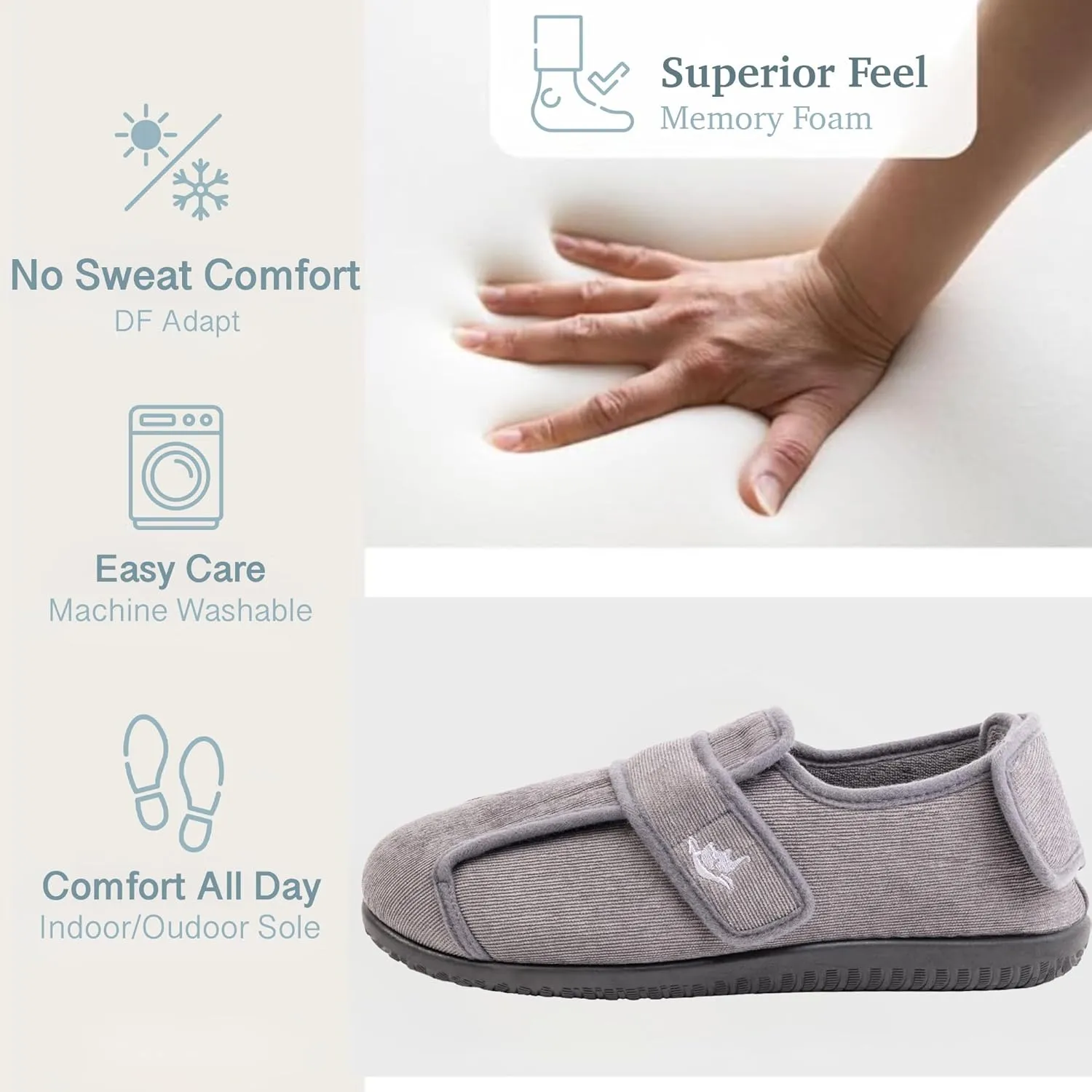 Men's Wide 80-D Memory Foam Diabetic Slippers with Adjustable Closures Breathable Washable Indoor/Outdoor House Shoe w/Anti Slip Sole