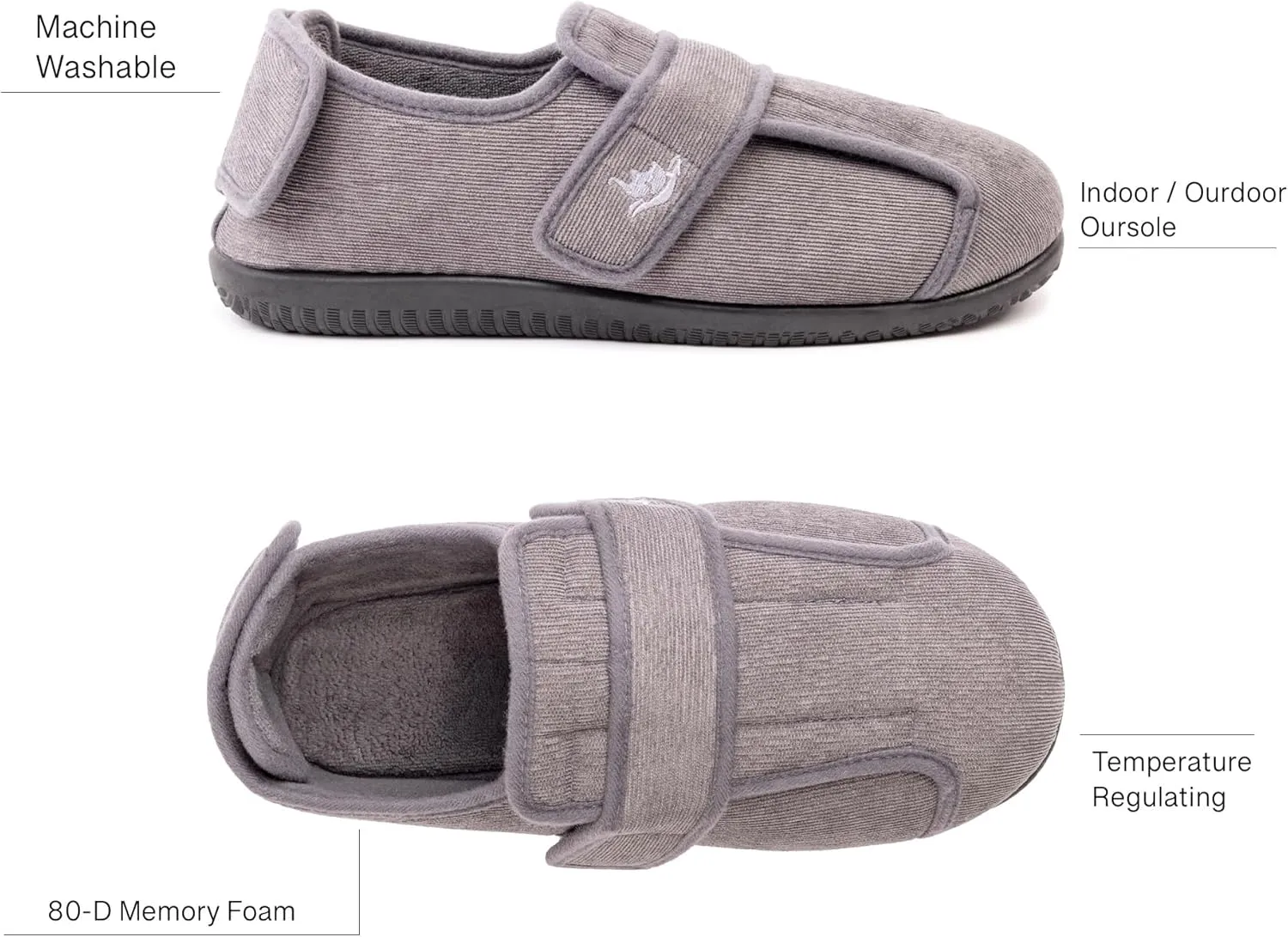 Men's Wide 80-D Memory Foam Diabetic Slippers with Adjustable Closures Breathable Washable Indoor/Outdoor House Shoe w/Anti Slip Sole