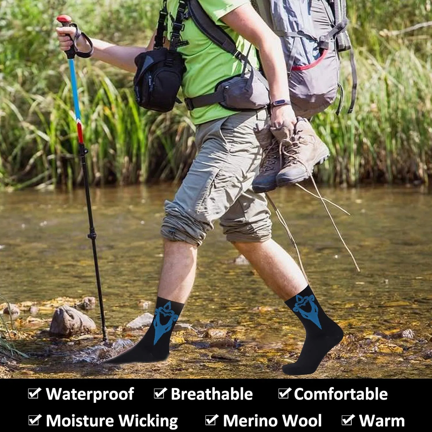 Merino Wool Waterproof Socks, Men Women Breathable Hiking Cycling Wading Socks