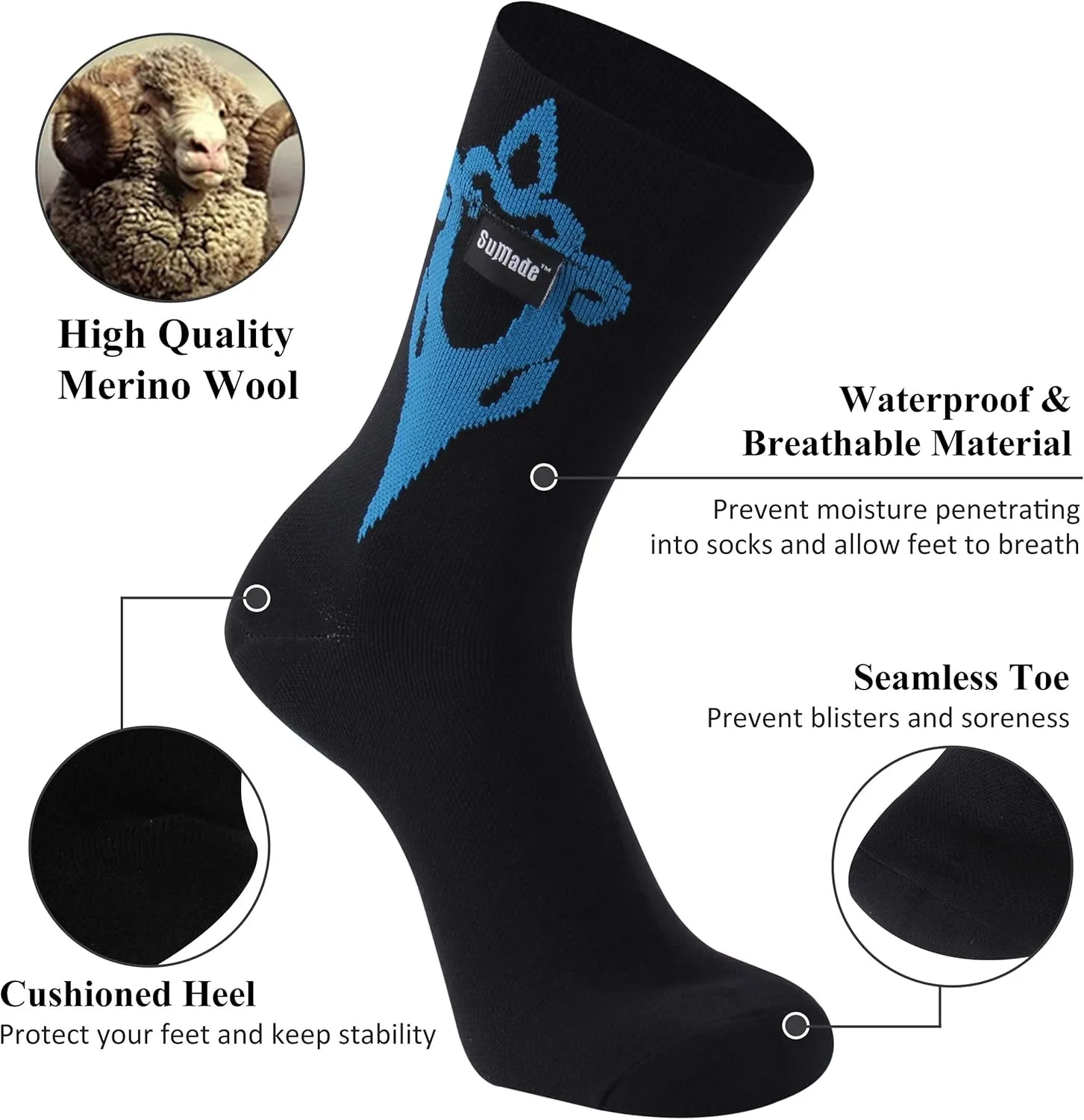 Merino Wool Waterproof Socks, Men Women Breathable Hiking Cycling Wading Socks