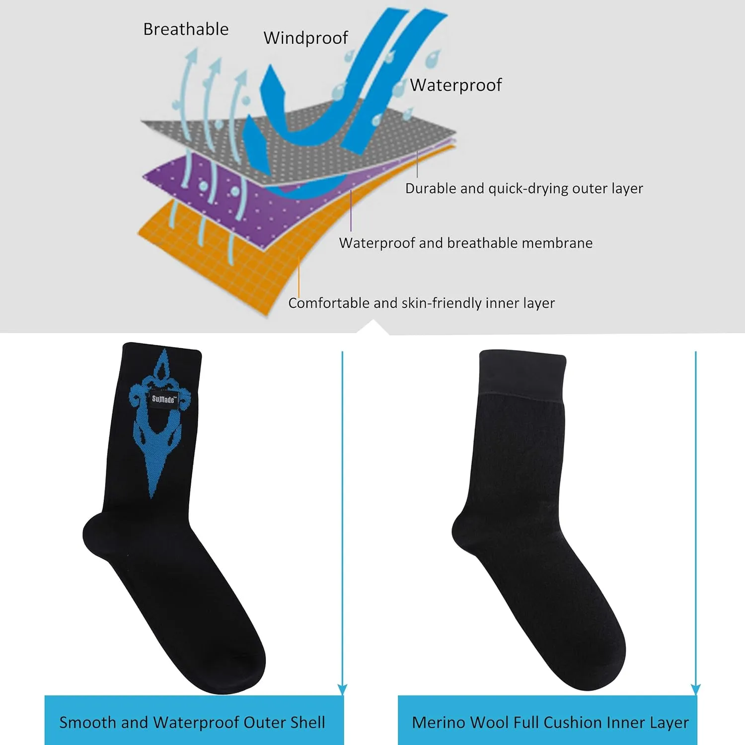 Merino Wool Waterproof Socks, Men Women Breathable Hiking Cycling Wading Socks