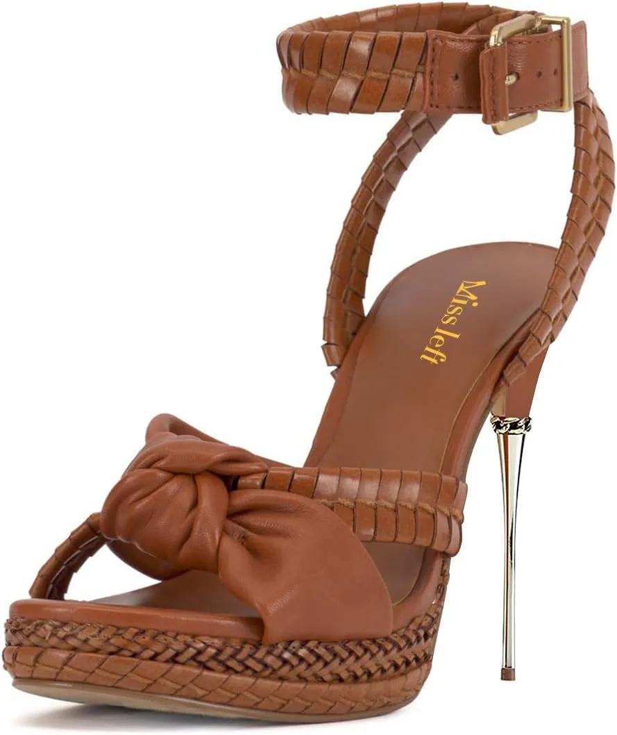miss left Women Chic Super High Heel Braided Platform Sandals Open Toe with Knot Ankle Strap Buckle Elegant Prom Party Shoes Size 4-16 US