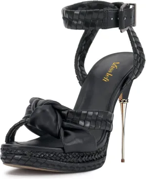 miss left Women Chic Super High Heel Braided Platform Sandals Open Toe with Knot Ankle Strap Buckle Elegant Prom Party Shoes Size 4-16 US