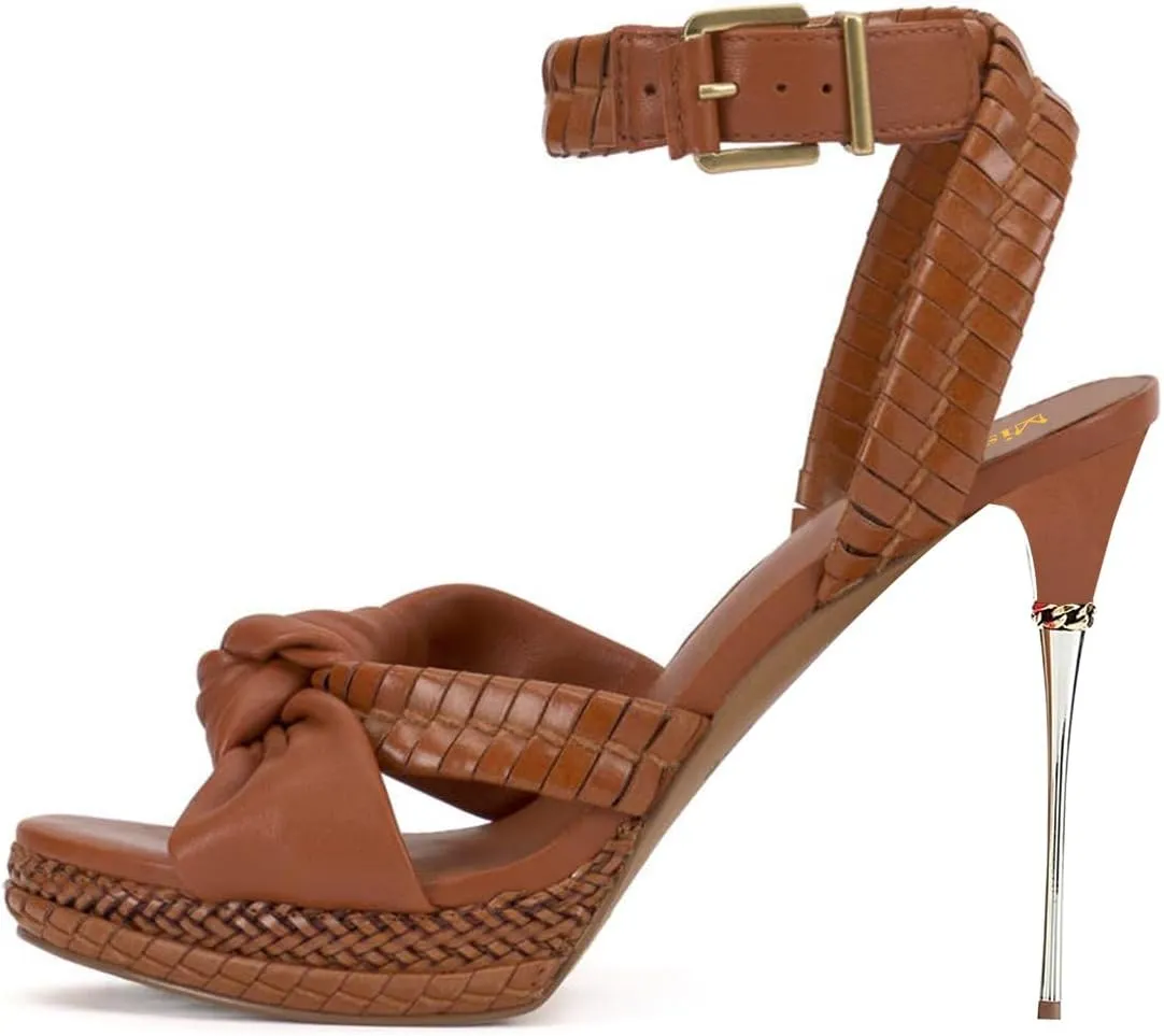 miss left Women Chic Super High Heel Braided Platform Sandals Open Toe with Knot Ankle Strap Buckle Elegant Prom Party Shoes Size 4-16 US