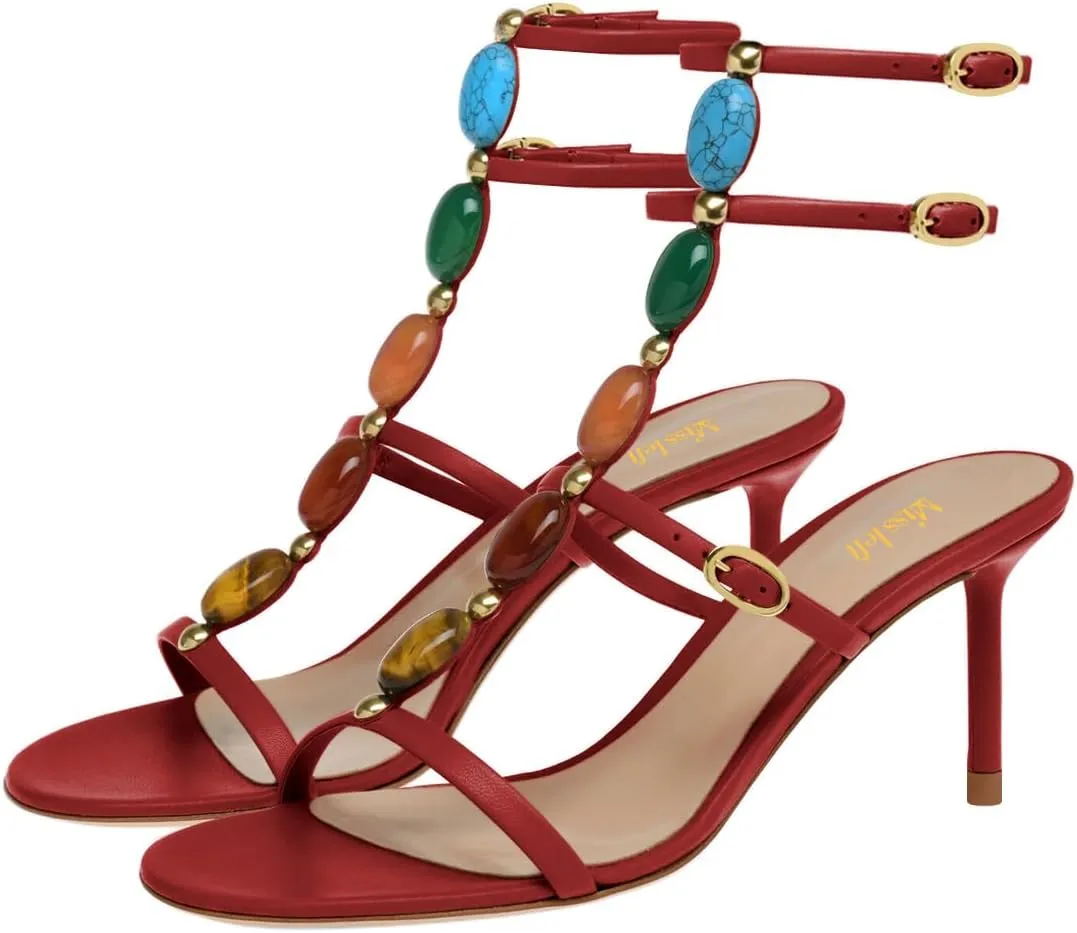 miss left Women Sexy Beaded T-Strap Buckled Stiletto Sandals Open Toe Thin Mid Heel Jewelled Evening Dress Party Shoes Size 4-16 US