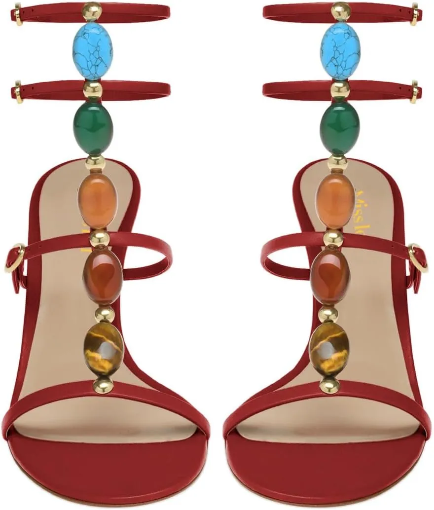 miss left Women Sexy Beaded T-Strap Buckled Stiletto Sandals Open Toe Thin Mid Heel Jewelled Evening Dress Party Shoes Size 4-16 US