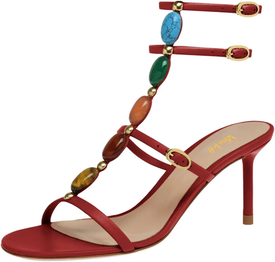 miss left Women Sexy Beaded T-Strap Buckled Stiletto Sandals Open Toe Thin Mid Heel Jewelled Evening Dress Party Shoes Size 4-16 US