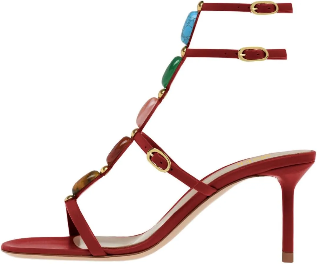 miss left Women Sexy Beaded T-Strap Buckled Stiletto Sandals Open Toe Thin Mid Heel Jewelled Evening Dress Party Shoes Size 4-16 US