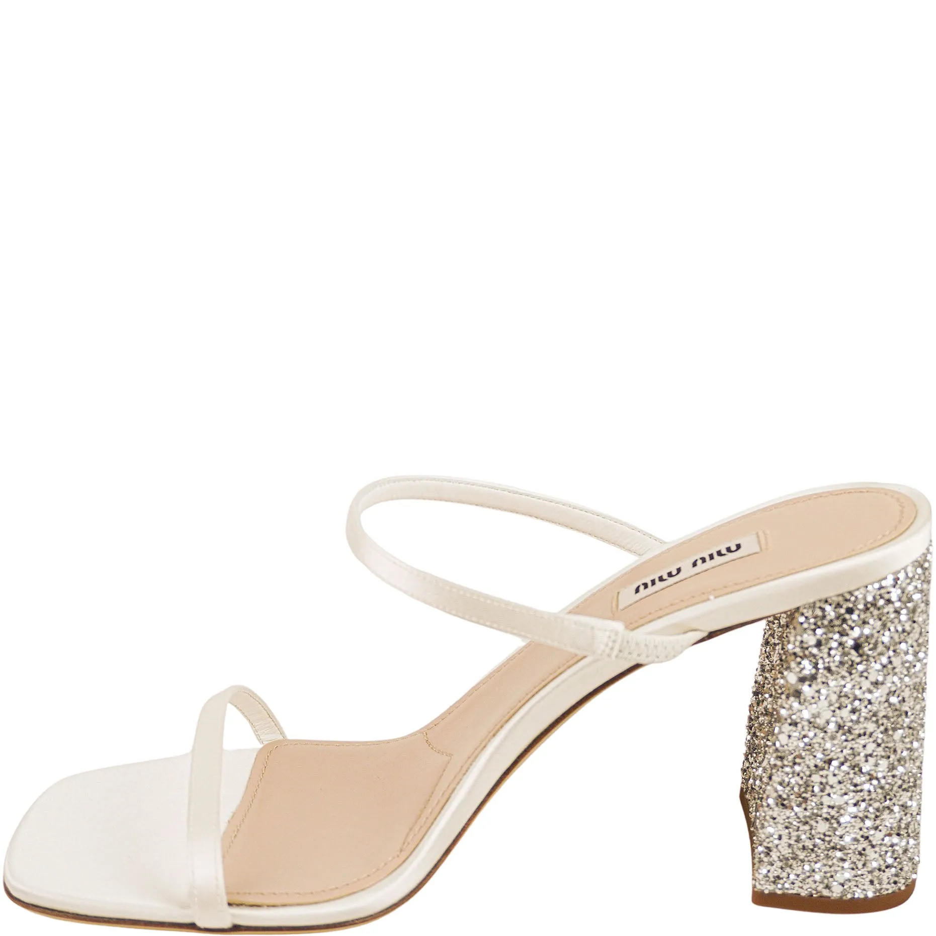 Miu Miu Glitter Satin Sandals in Silver/White