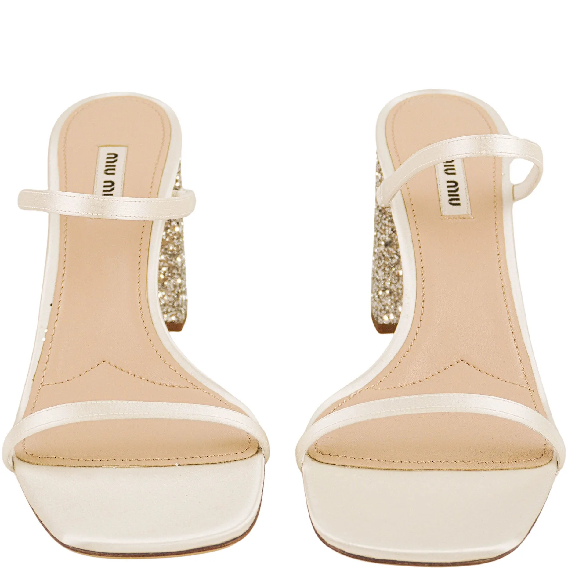 Miu Miu Glitter Satin Sandals in Silver/White