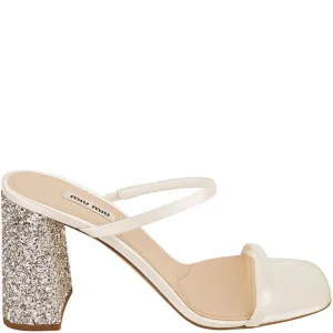 Miu Miu Glitter Satin Sandals in Silver/White