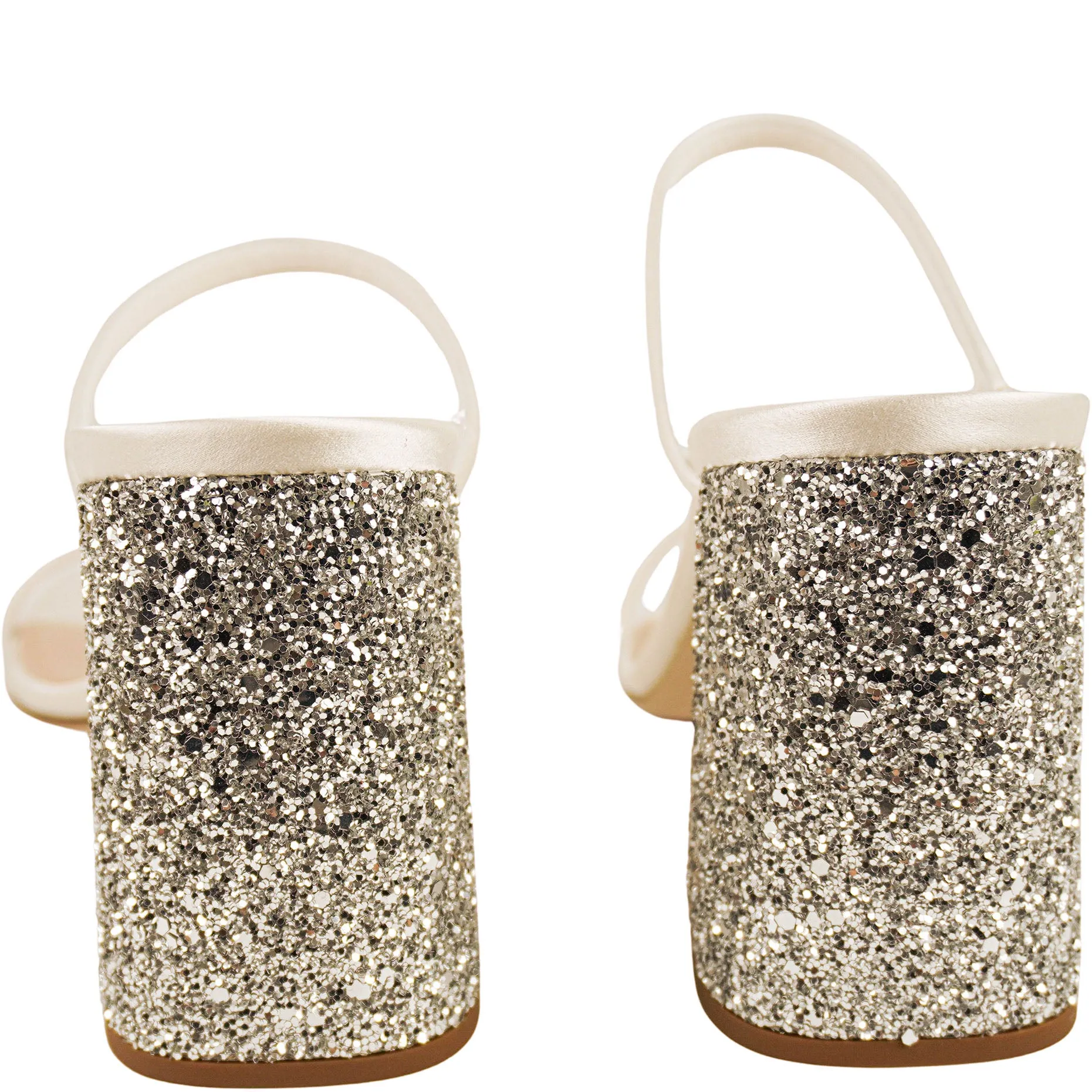Miu Miu Glitter Satin Sandals in Silver/White