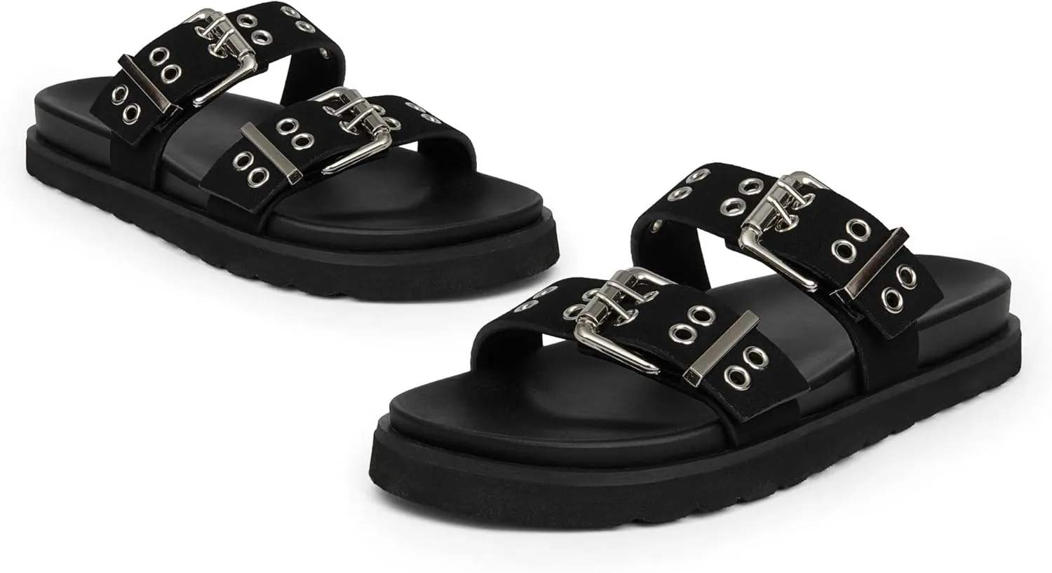 Modatope Womens Flat Sandals for Women Double Buckle Adjustable Slide Sandals Slip On Open Toe Platform Sandals