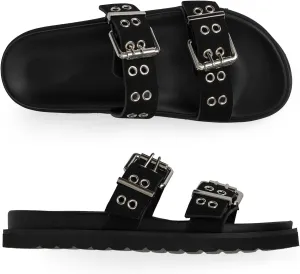 Modatope Womens Flat Sandals for Women Double Buckle Adjustable Slide Sandals Slip On Open Toe Platform Sandals