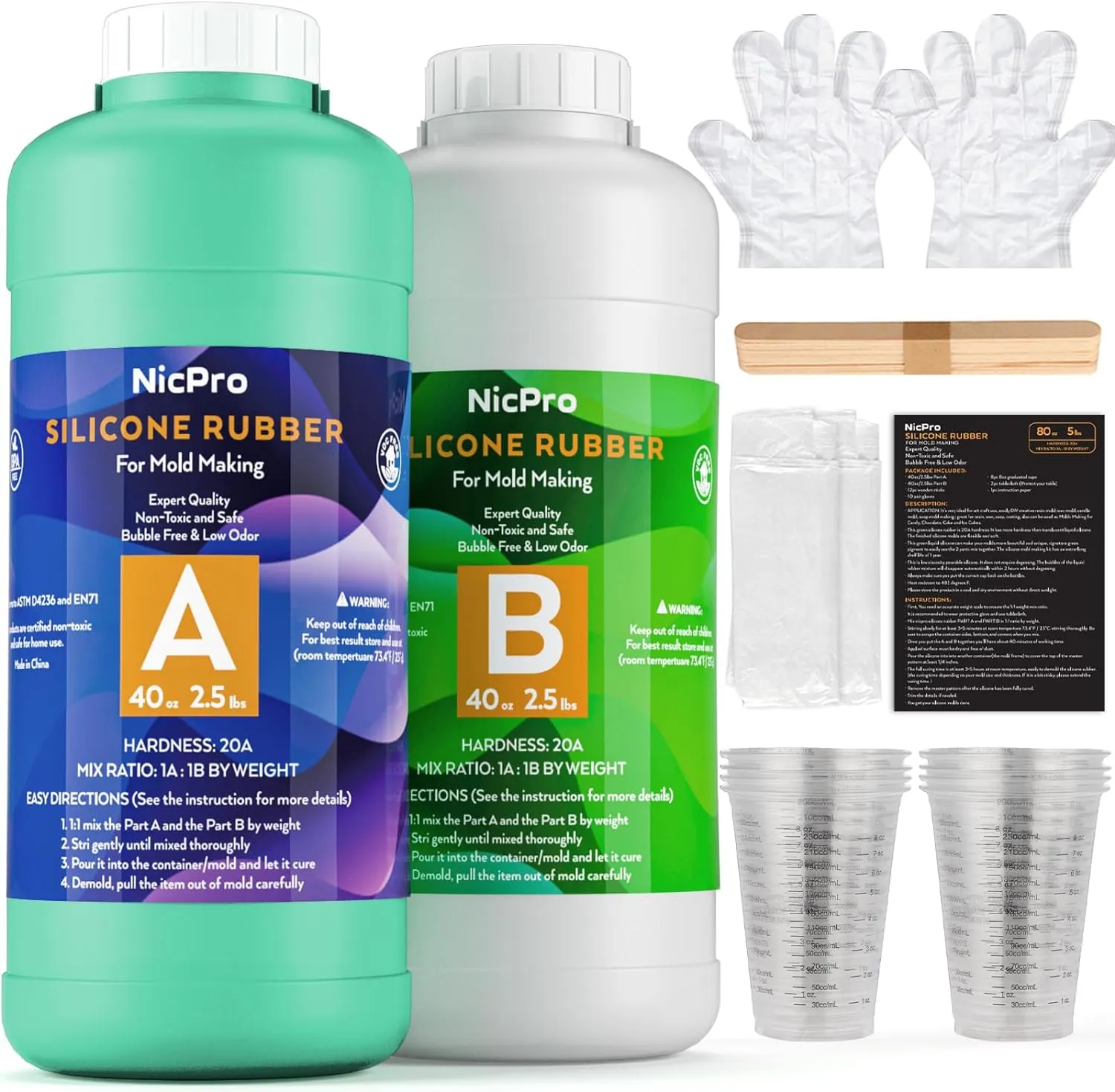 Nicpro 80 oz Silicone Mold Making Kit 20A, Platinum Liquid Silicone Rubber for Mold Maker, Jade Green Flexible & Food Safe Mix Ratio 1:1 for Casting 3D Resins Molds DIY with Gloves, Sticks & Cups