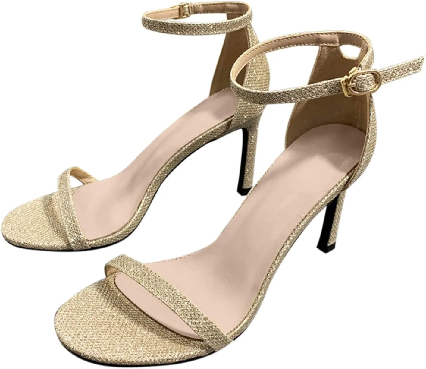 oiangi Womens Glitter Flock Stiletto Sandals Summer Ankle Strap Thin Band Strap Buckle High Heels Sexy Temperament Ladies Casual Shoes Sandalias