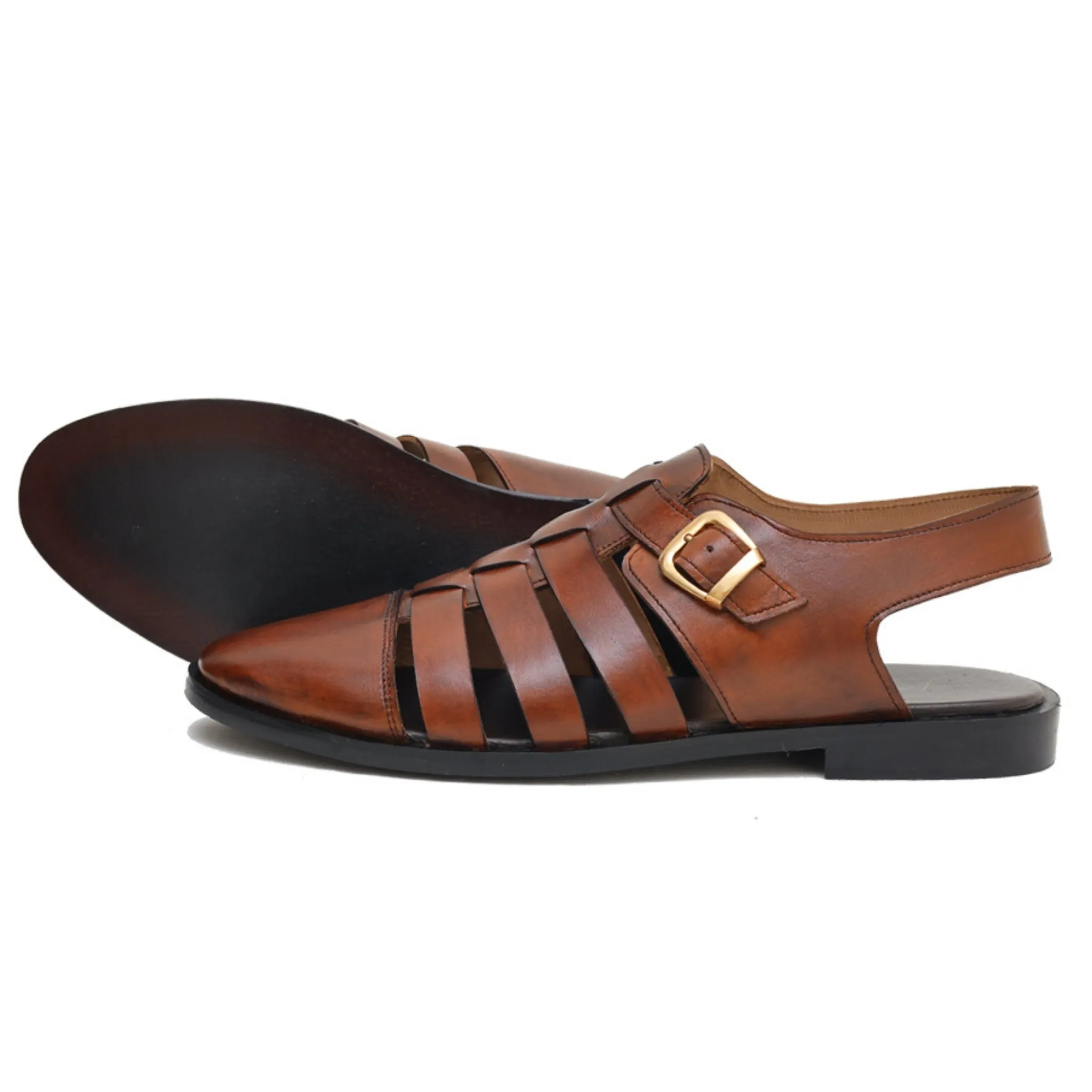 OK-2015 Brown Sleek stripes leather sandals