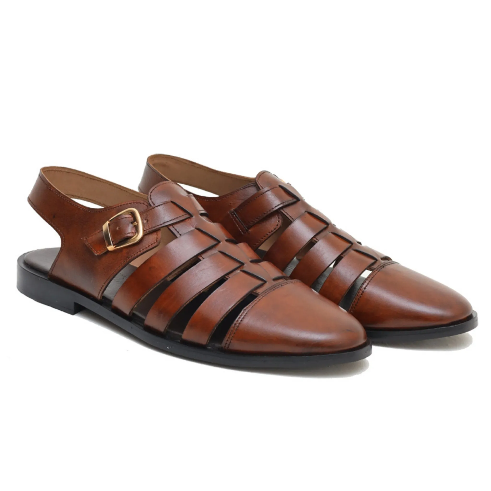 OK-2015 Brown Sleek stripes leather sandals