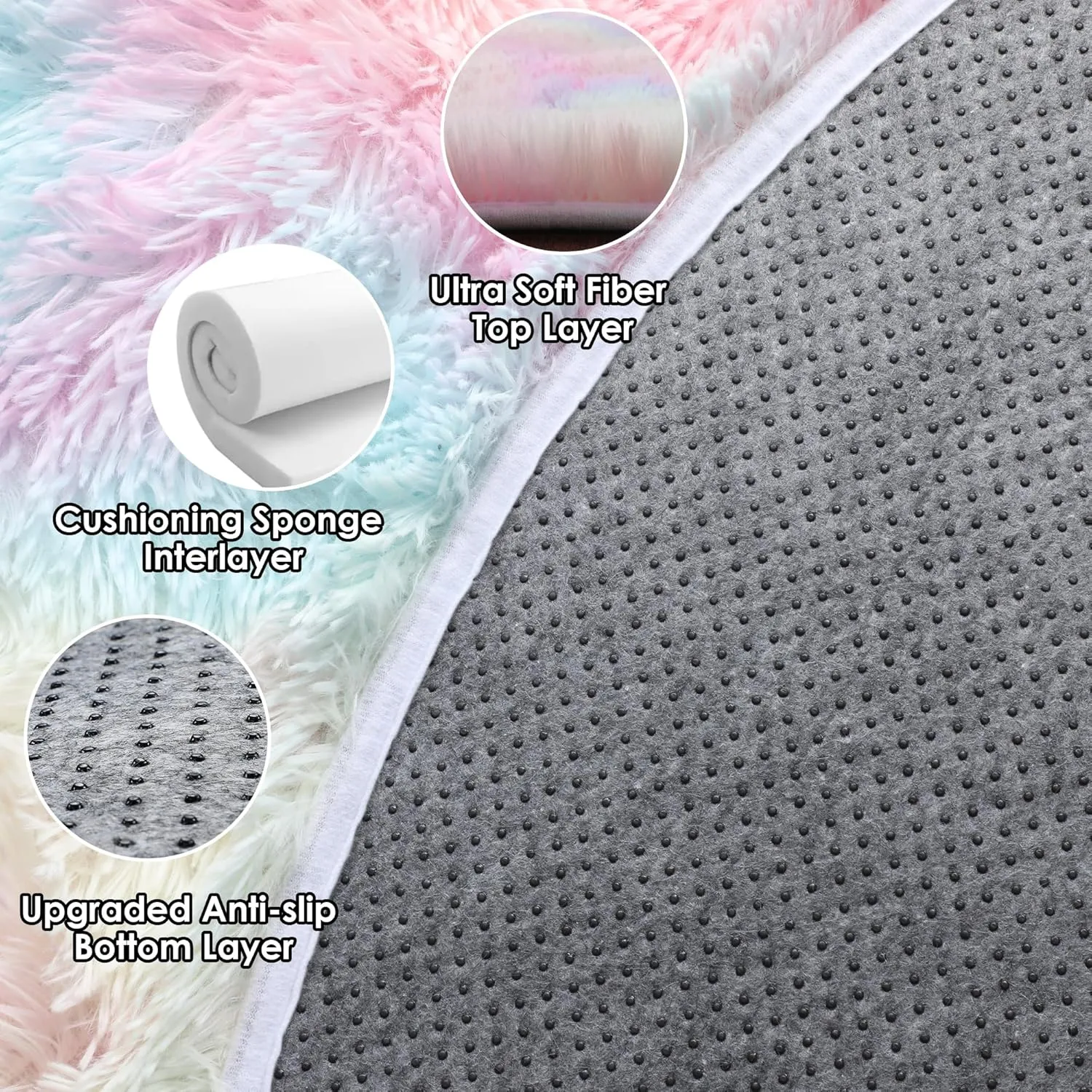 ONASAR Rainbow Round Area Rug 4ft, Soft Bedroom Circle Rugs Mats for Kids Girls Teen Room, Kawaii Fluffy Plush Shaggy Carpet for Baby Nursery Living Room Playroom Home Decor Princess Castle