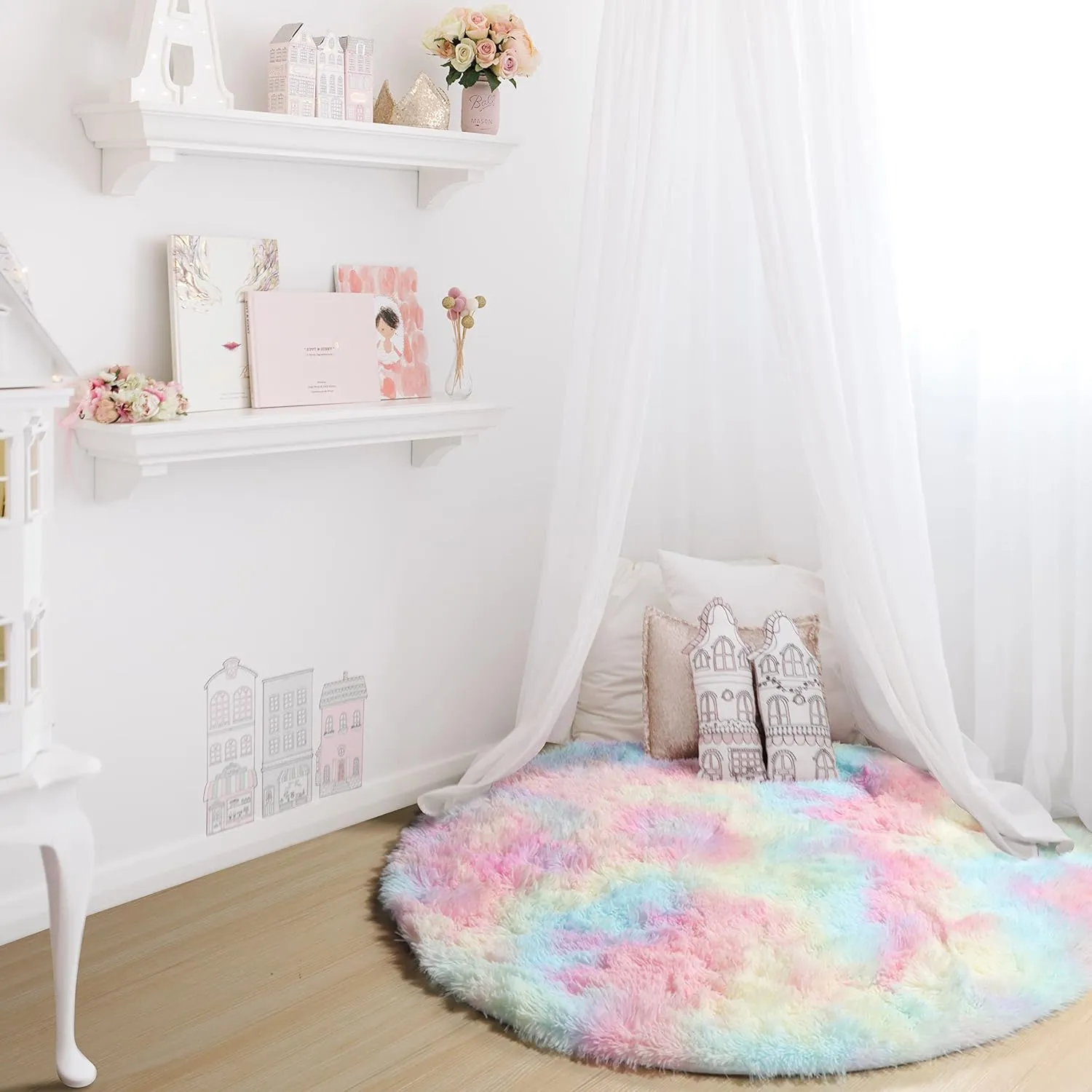 ONASAR Rainbow Round Area Rug 4ft, Soft Bedroom Circle Rugs Mats for Kids Girls Teen Room, Kawaii Fluffy Plush Shaggy Carpet for Baby Nursery Living Room Playroom Home Decor Princess Castle