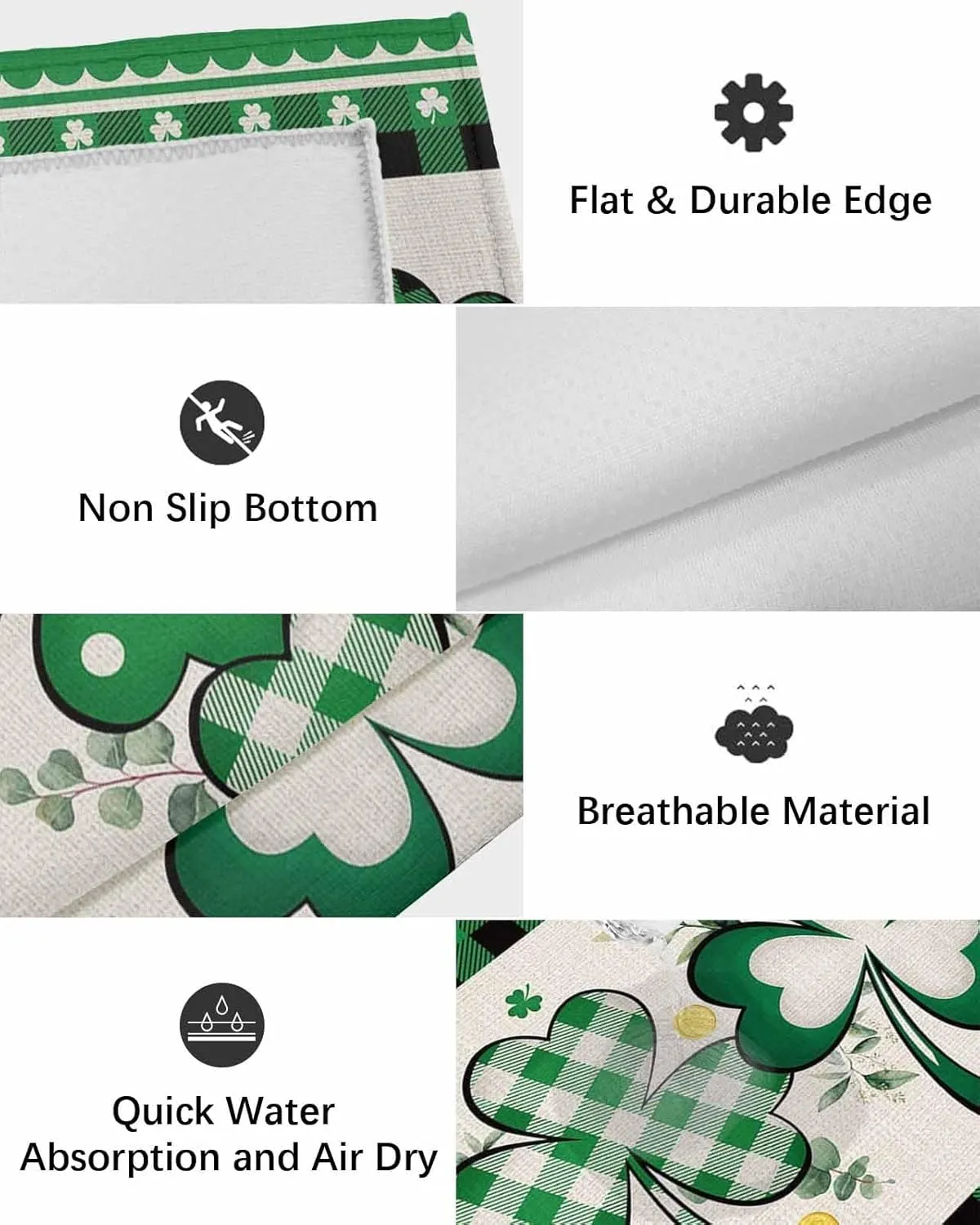 Outdoor Rug for Patio, Large Floor Mat St. Patrick's Day Green Clover Plaid Rustic Cotton Non Slip Area Rug Rubber Backing Quick Dry Clearance Carpet for Camping, Garden, Lawn, Deck, Porch, 4' x 6'