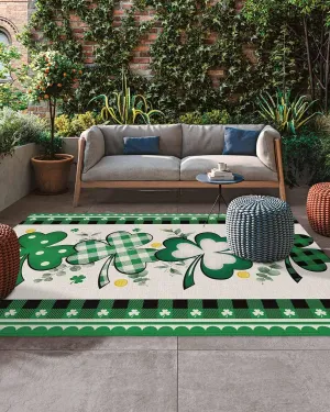 Outdoor Rug for Patio, Large Floor Mat St. Patrick's Day Green Clover Plaid Rustic Cotton Non Slip Area Rug Rubber Backing Quick Dry Clearance Carpet for Camping, Garden, Lawn, Deck, Porch, 4' x 6'