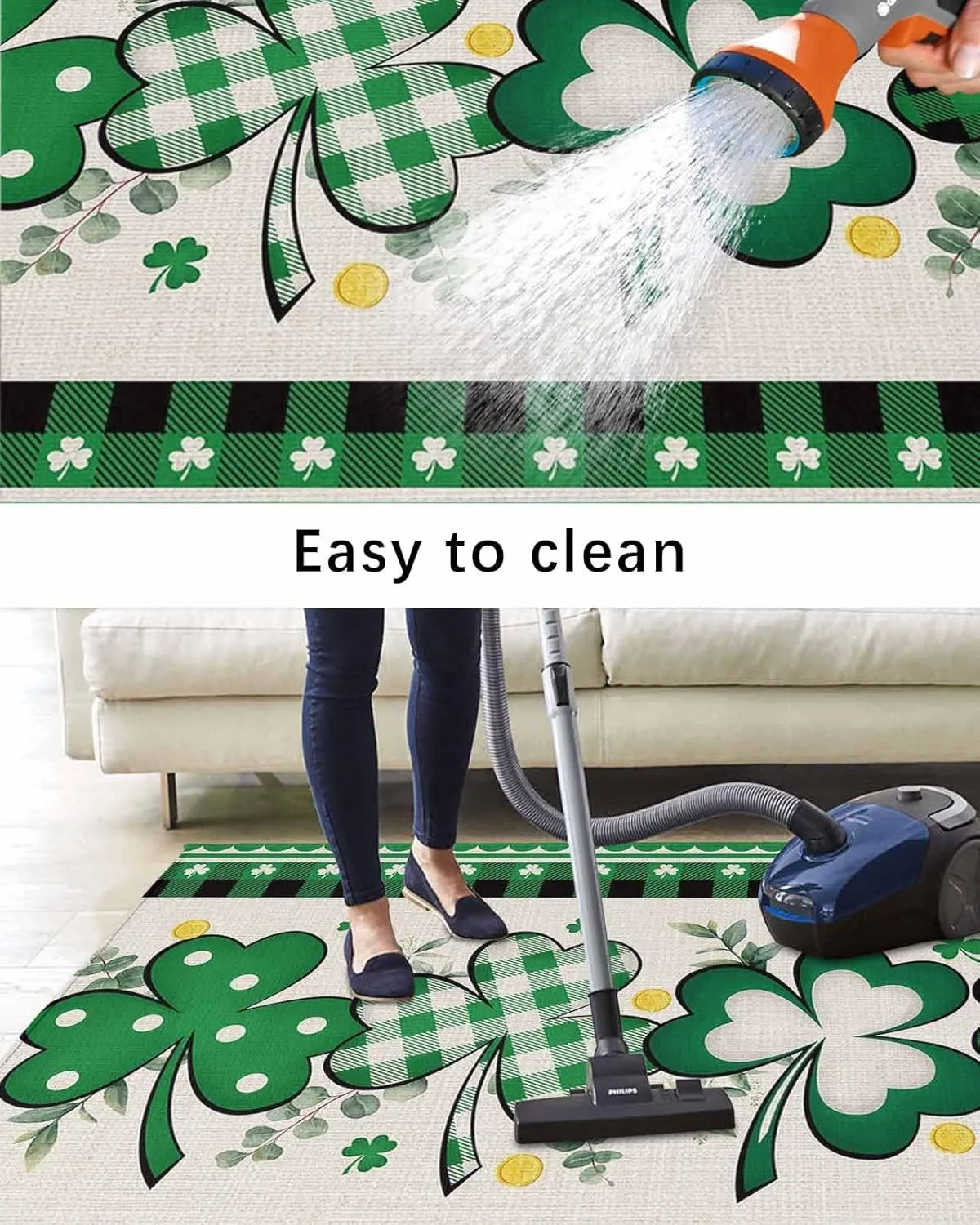 Outdoor Rug for Patio, Large Floor Mat St. Patrick's Day Green Clover Plaid Rustic Cotton Non Slip Area Rug Rubber Backing Quick Dry Clearance Carpet for Camping, Garden, Lawn, Deck, Porch, 4' x 6'