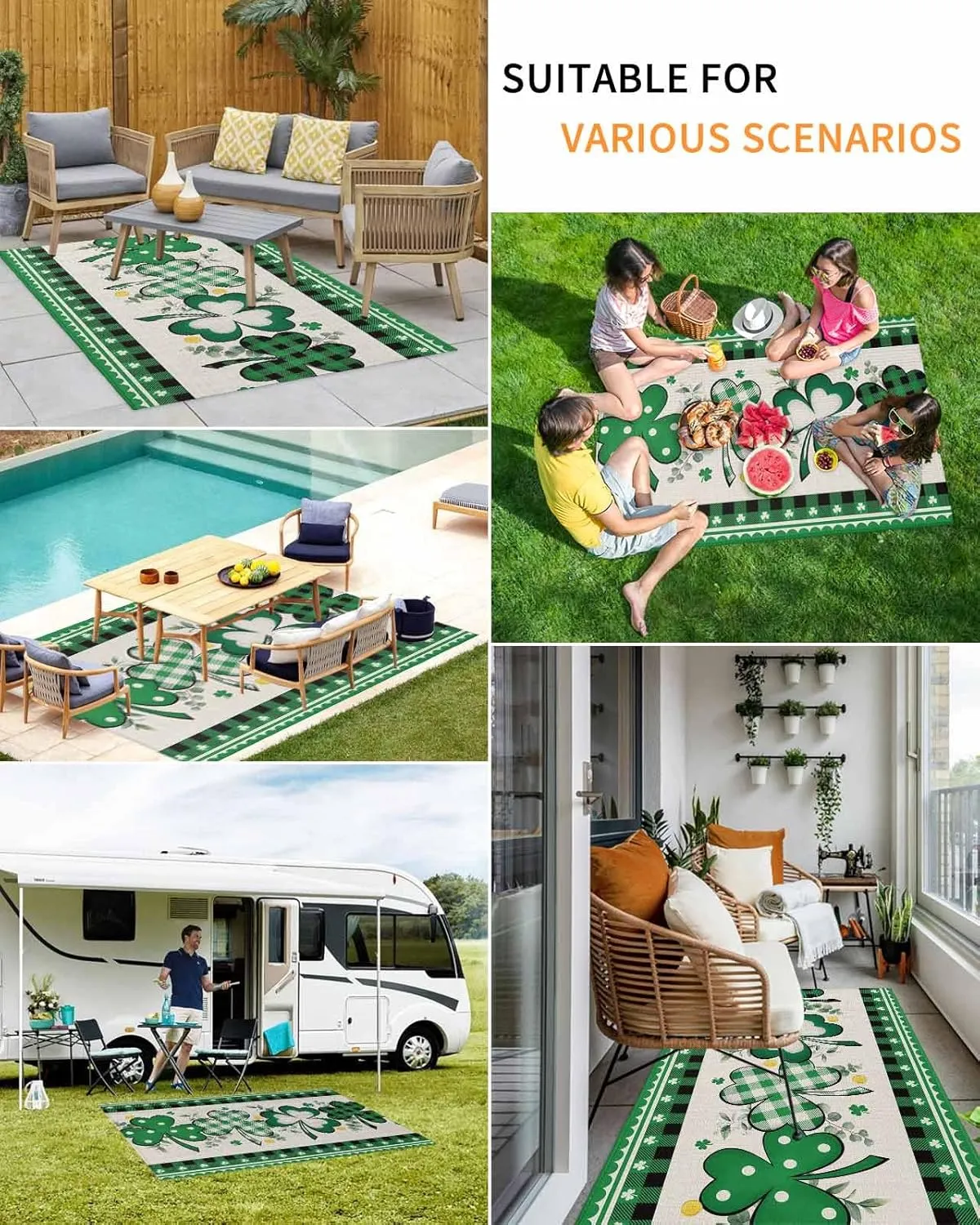 Outdoor Rug for Patio, Large Floor Mat St. Patrick's Day Green Clover Plaid Rustic Cotton Non Slip Area Rug Rubber Backing Quick Dry Clearance Carpet for Camping, Garden, Lawn, Deck, Porch, 4' x 6'