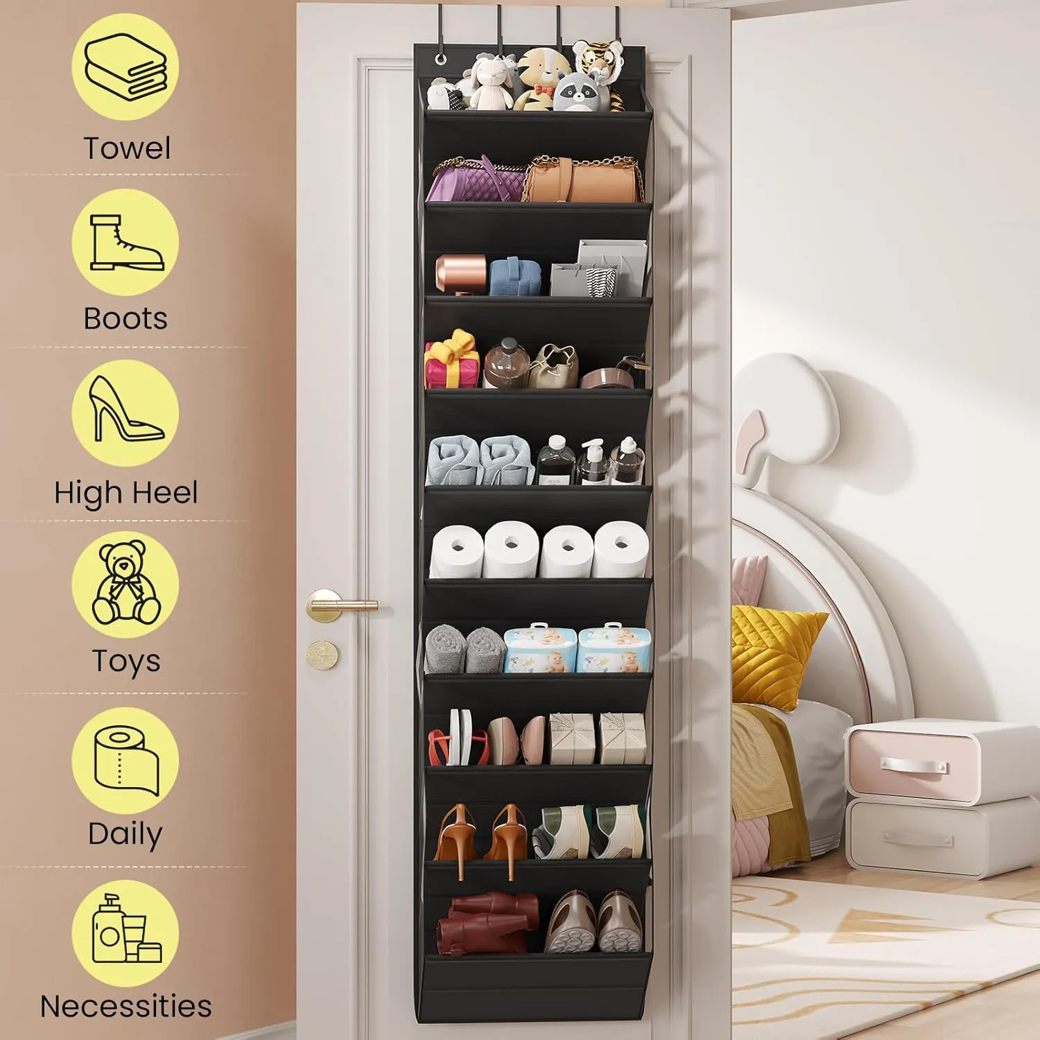 Over the Door Shoe Organizer, Hanging Shoe Organizers with 10 Tier Large Deep Pockets, Hanging Organization for Closet Shoe Organizer for Wall, Black Shoe Holder 1 Pack ﻿