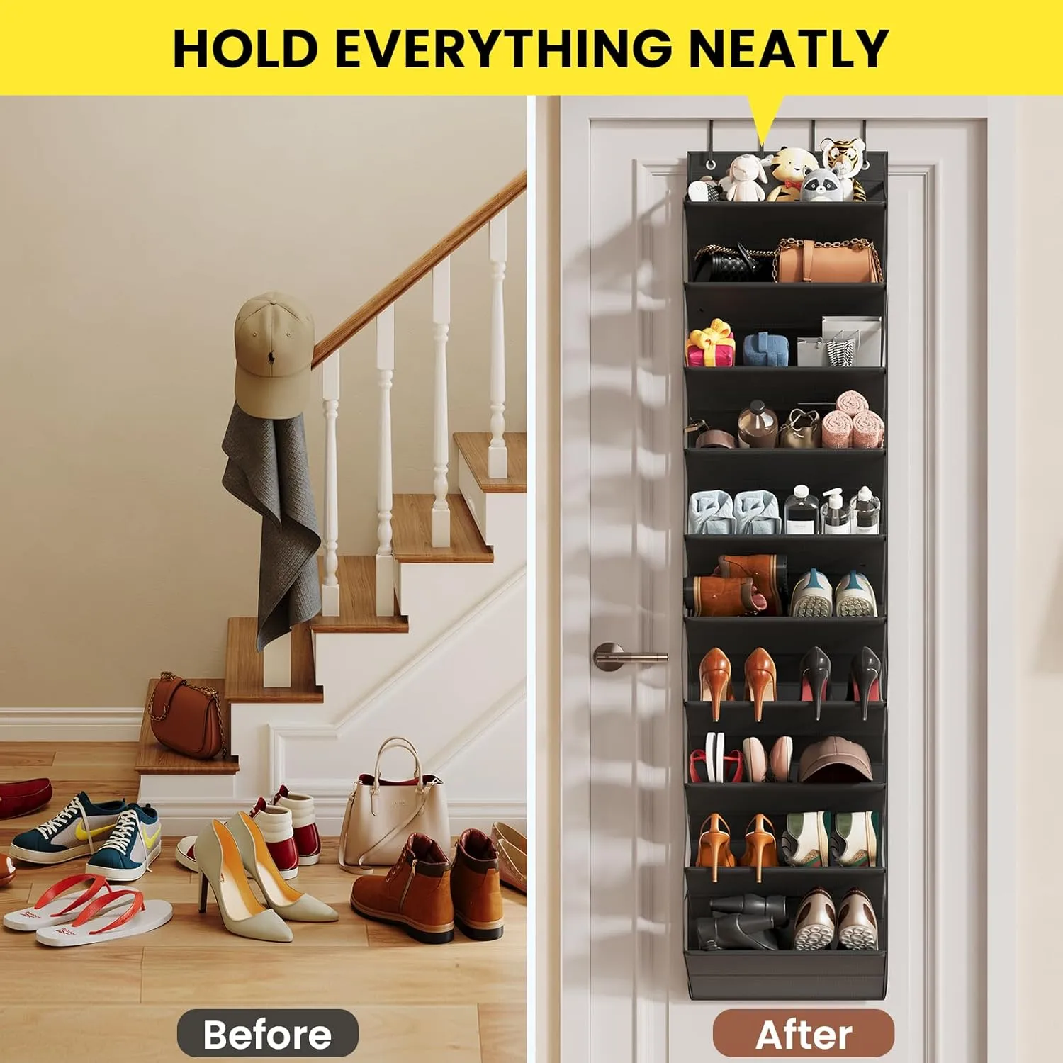 Over the Door Shoe Organizer, Hanging Shoe Organizers with 10 Tier Large Deep Pockets, Hanging Organization for Closet Shoe Organizer for Wall, Black Shoe Holder 1 Pack ﻿