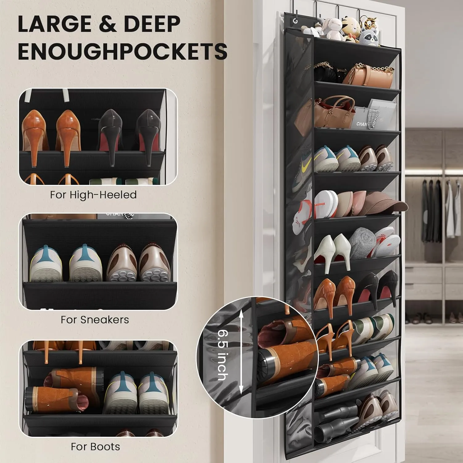Over the Door Shoe Organizer, Hanging Shoe Organizers with 10 Tier Large Deep Pockets, Hanging Organization for Closet Shoe Organizer for Wall, Black Shoe Holder 1 Pack ﻿