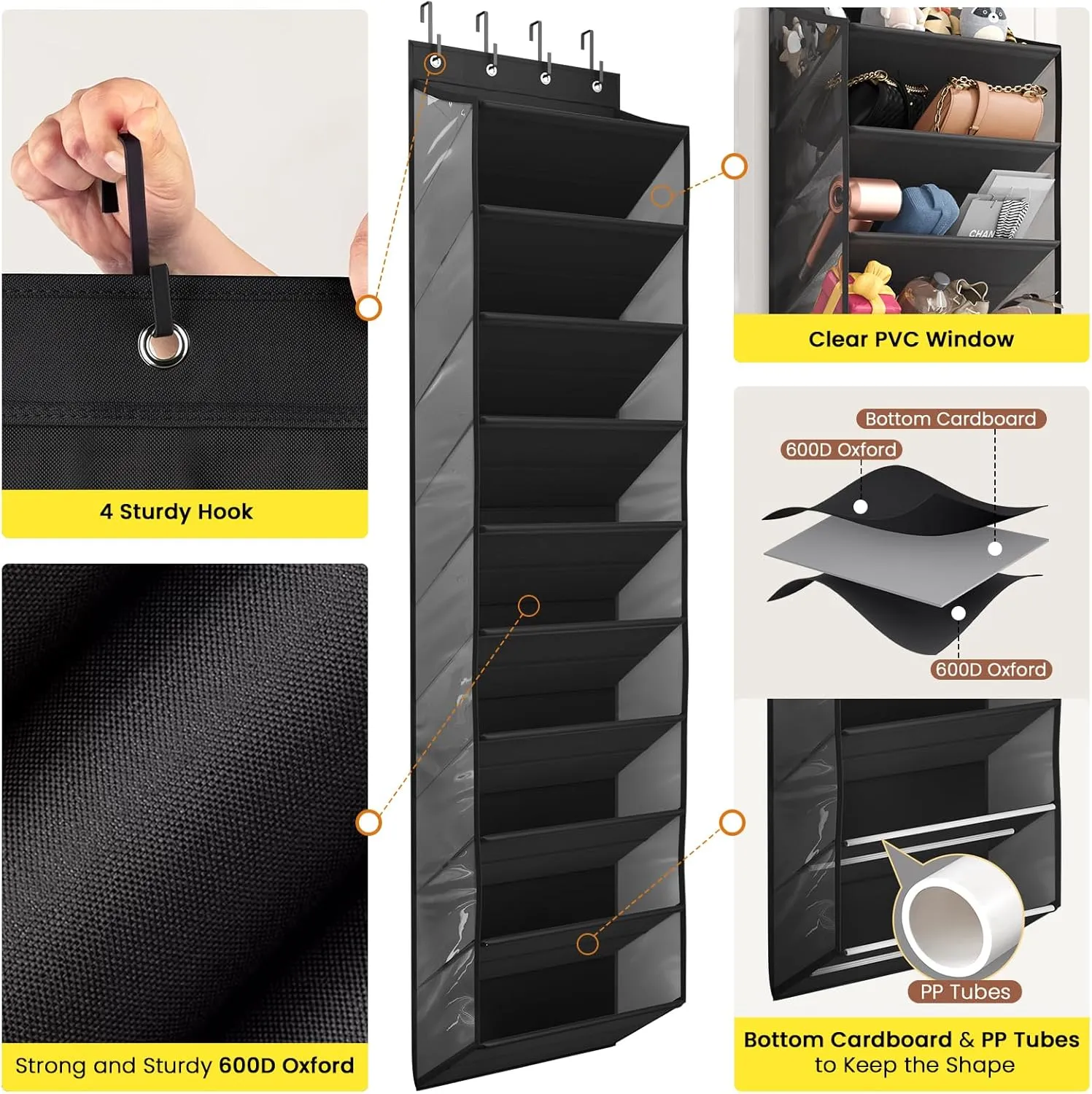Over the Door Shoe Organizer, Hanging Shoe Organizers with 10 Tier Large Deep Pockets, Hanging Organization for Closet Shoe Organizer for Wall, Black Shoe Holder 1 Pack ﻿
