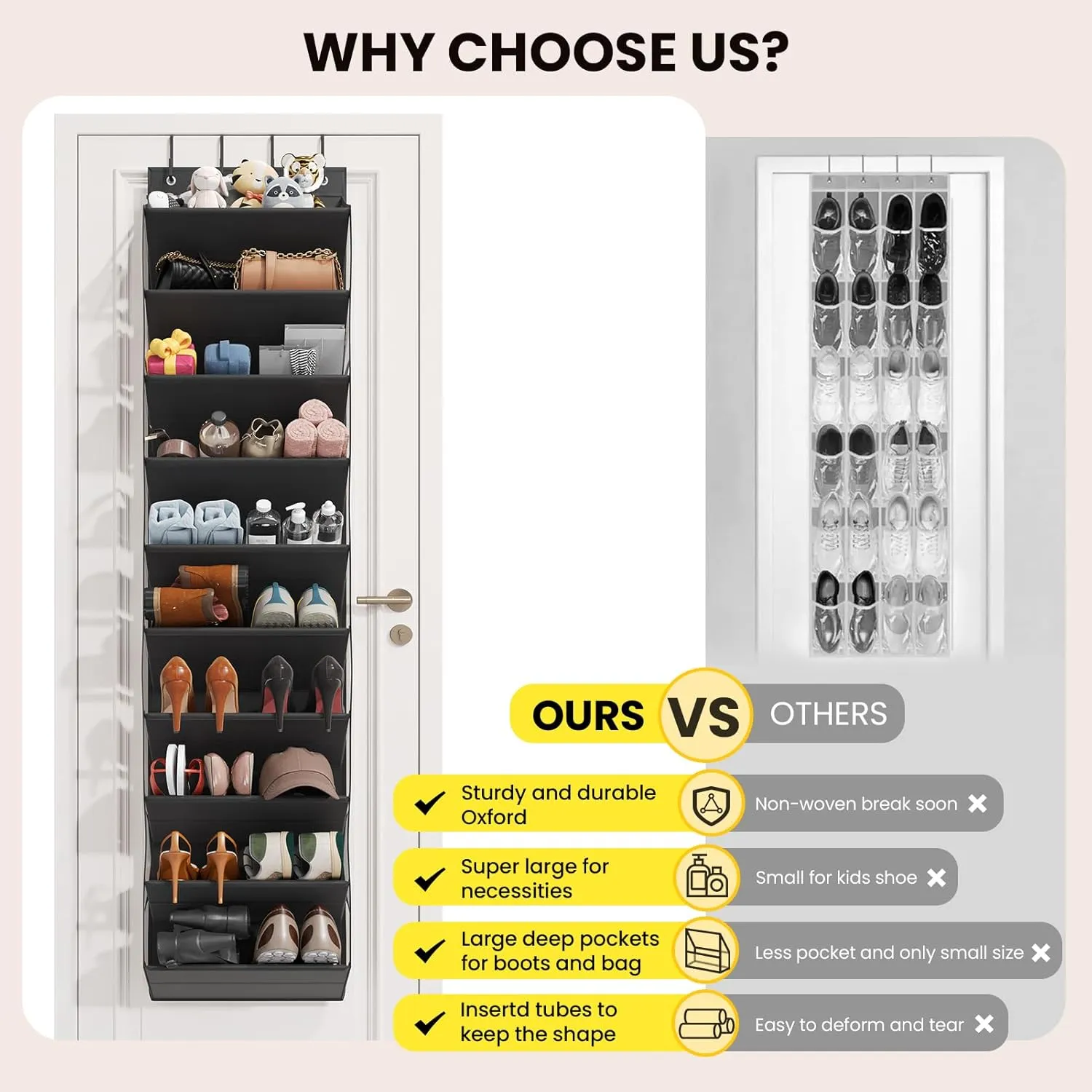 Over the Door Shoe Organizer, Hanging Shoe Organizers with 10 Tier Large Deep Pockets, Hanging Organization for Closet Shoe Organizer for Wall, Black Shoe Holder 1 Pack ﻿