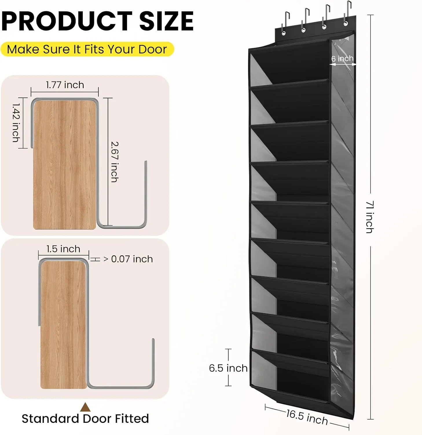 Over the Door Shoe Organizer, Hanging Shoe Organizers with 10 Tier Large Deep Pockets, Hanging Organization for Closet Shoe Organizer for Wall, Black Shoe Holder 1 Pack ﻿