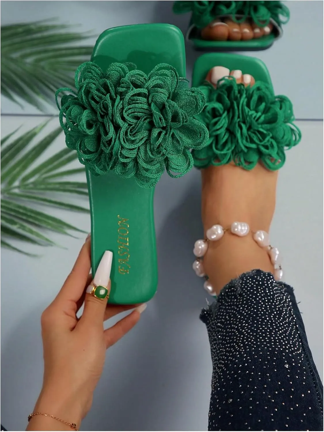 OYOANGLE Women's 3D Floral Flat Sandals Square Open Toe PU Leather Slip on Slides