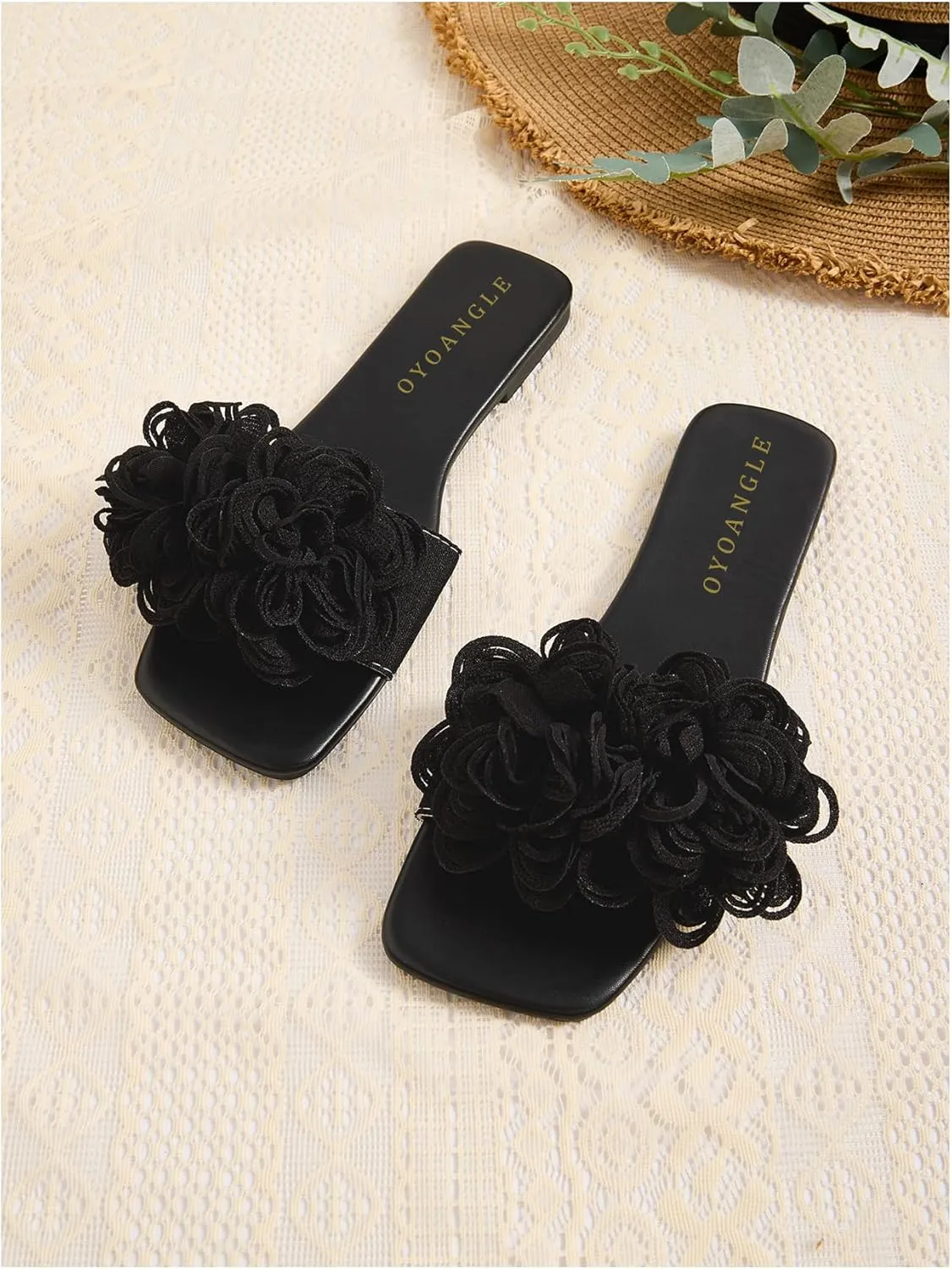 OYOANGLE Women's 3D Floral Flat Sandals Square Open Toe PU Leather Slip on Slides