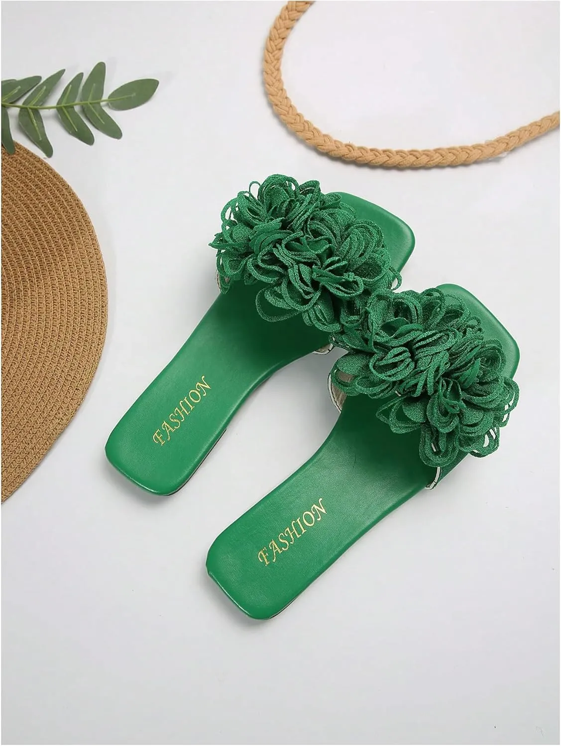 OYOANGLE Women's 3D Floral Flat Sandals Square Open Toe PU Leather Slip on Slides