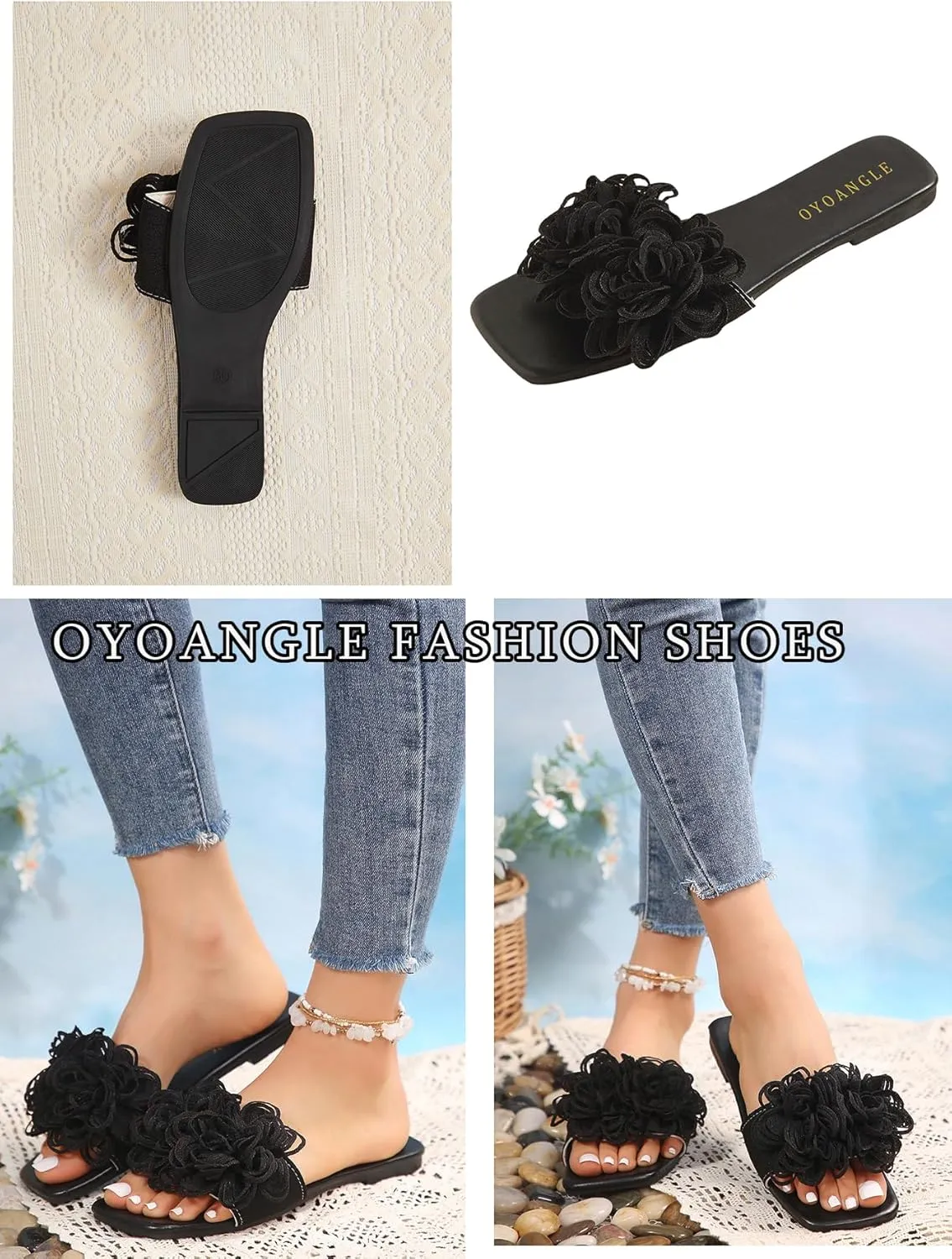 OYOANGLE Women's 3D Floral Flat Sandals Square Open Toe PU Leather Slip on Slides