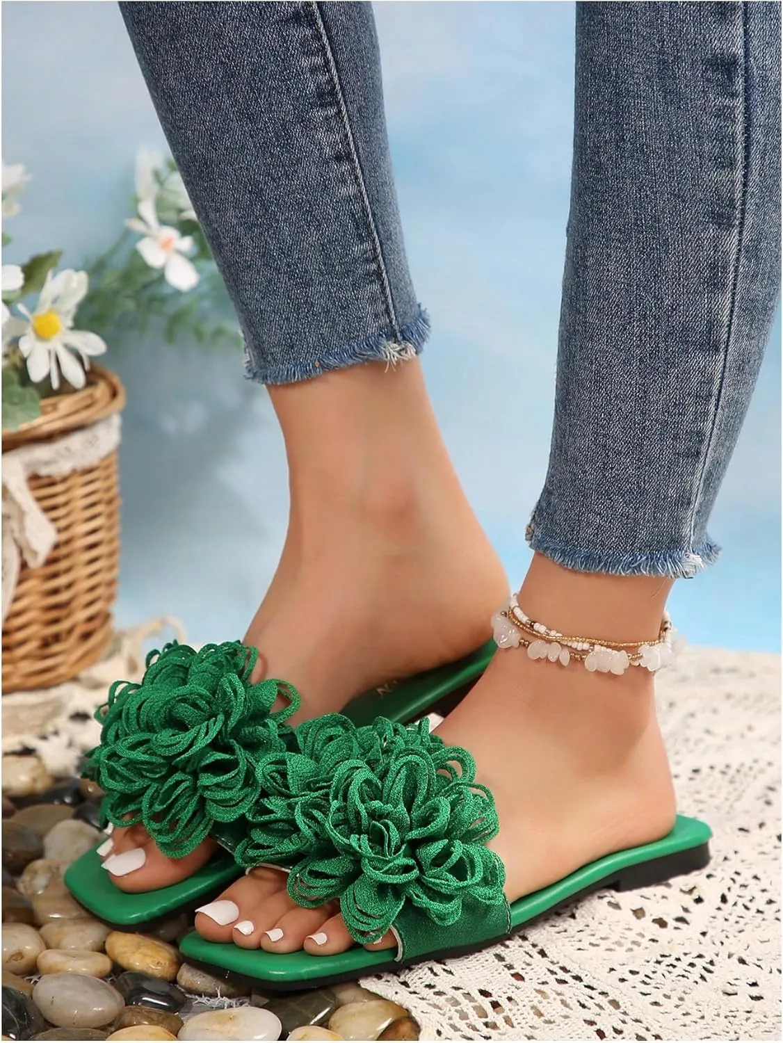 OYOANGLE Women's 3D Floral Flat Sandals Square Open Toe PU Leather Slip on Slides