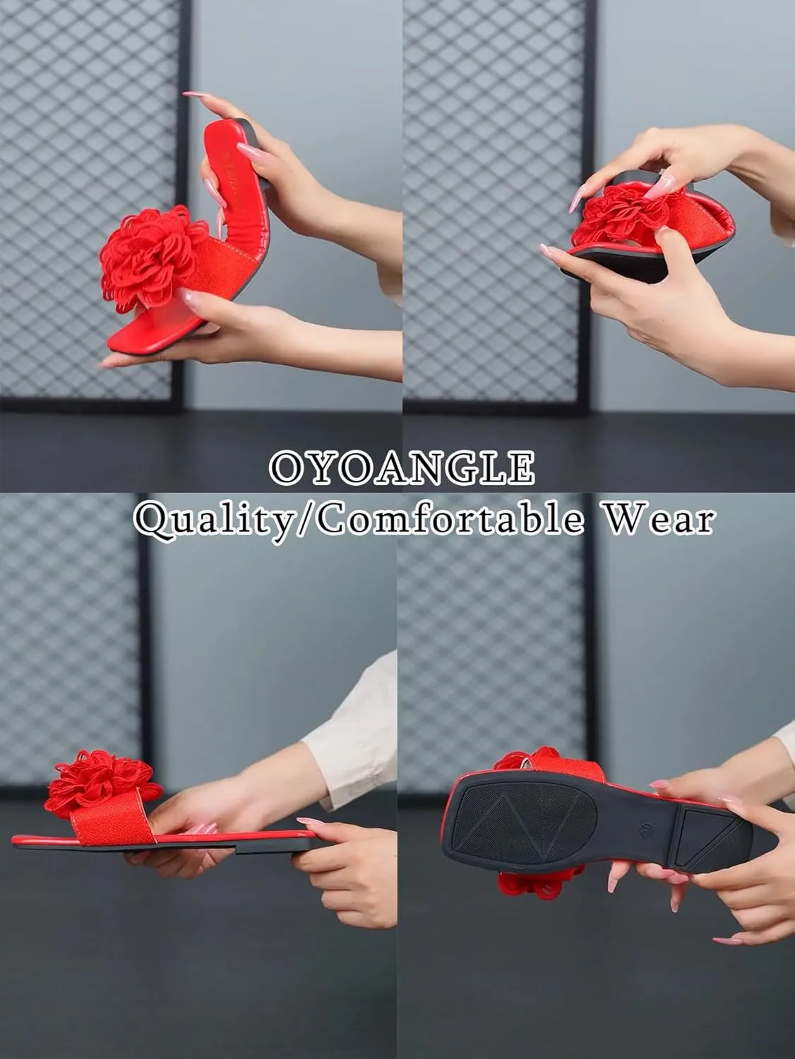 OYOANGLE Women's 3D Floral Flat Sandals Square Open Toe PU Leather Slip on Slides