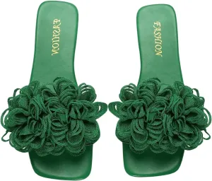 OYOANGLE Women's 3D Floral Flat Sandals Square Open Toe PU Leather Slip on Slides