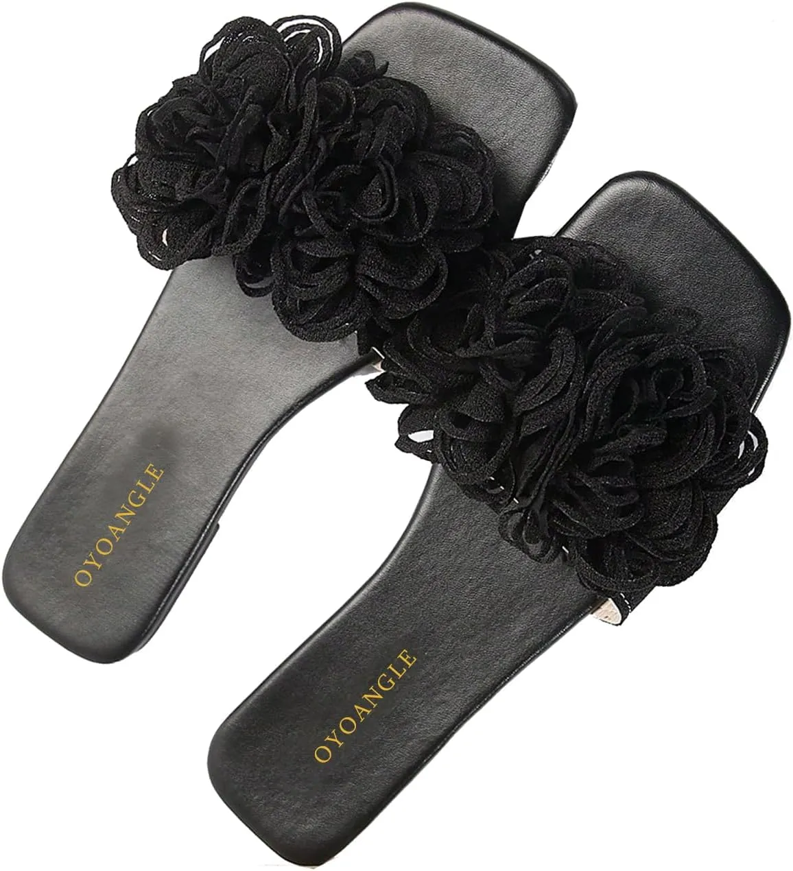 OYOANGLE Women's 3D Floral Flat Sandals Square Open Toe PU Leather Slip on Slides