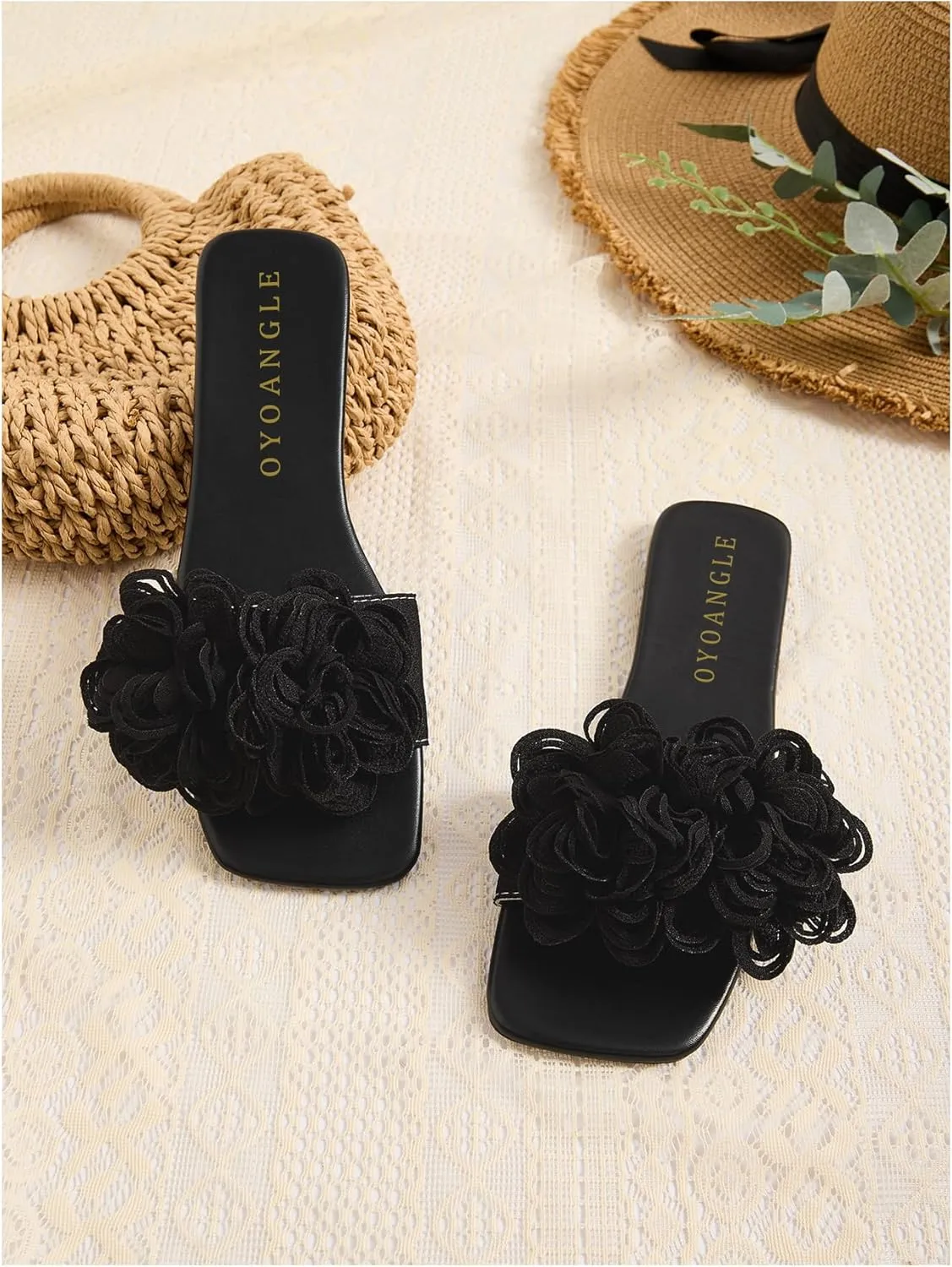 OYOANGLE Women's 3D Floral Flat Sandals Square Open Toe PU Leather Slip on Slides
