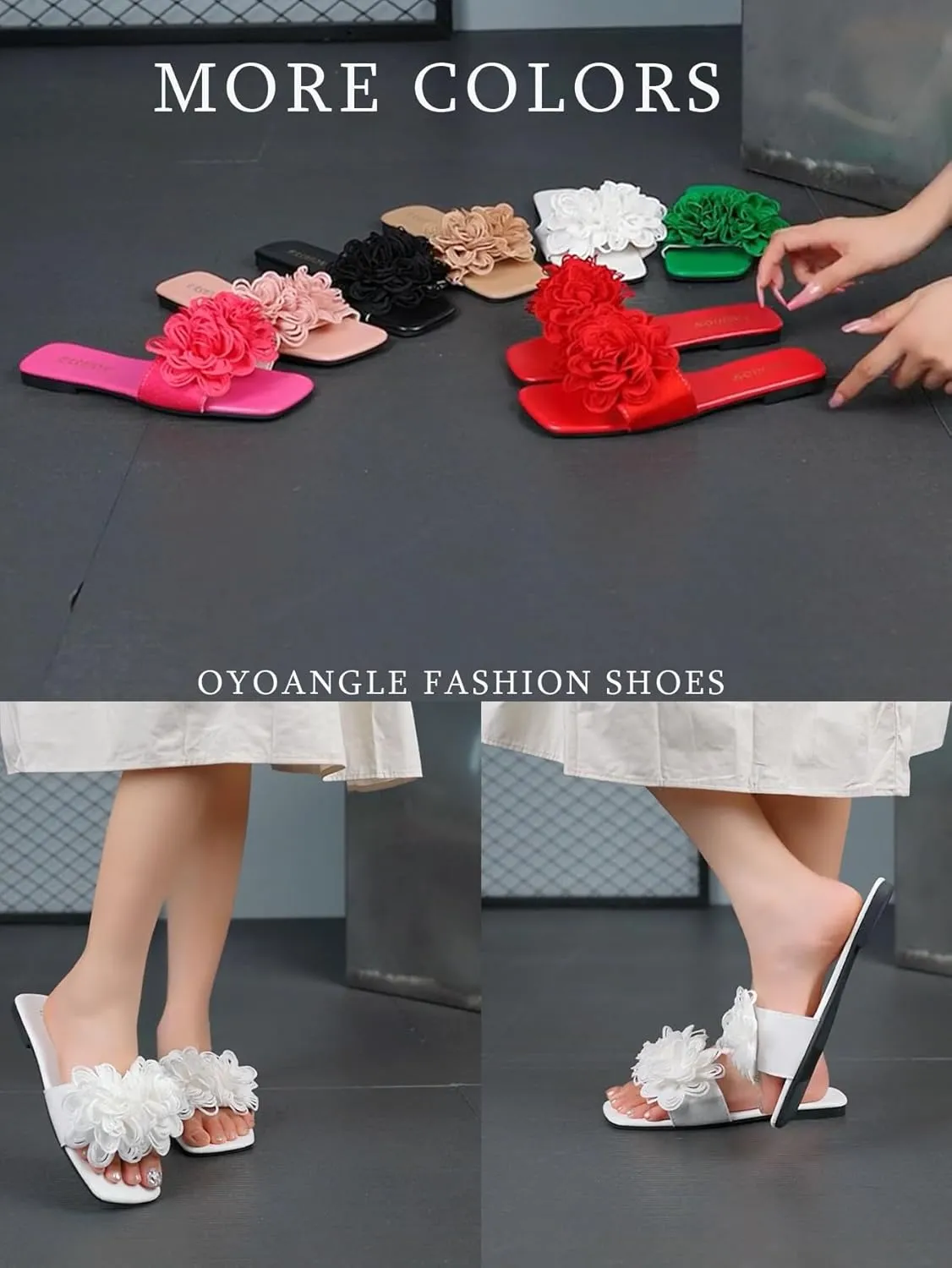 OYOANGLE Women's 3D Floral Flat Sandals Square Open Toe PU Leather Slip on Slides
