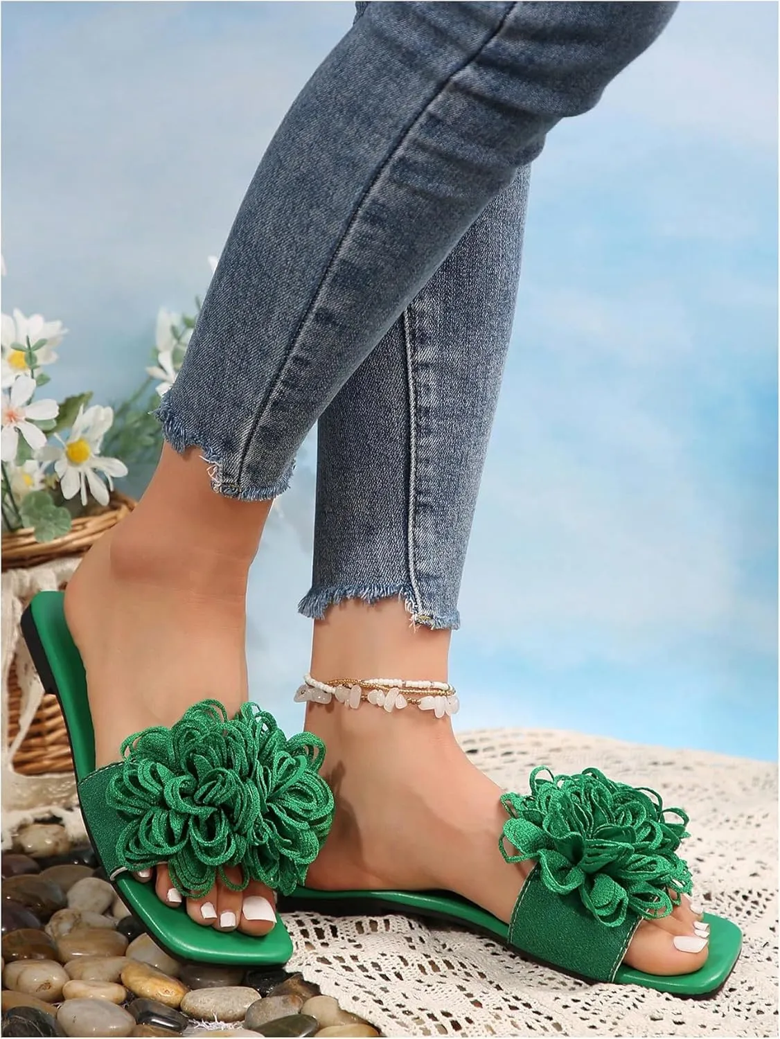 OYOANGLE Women's 3D Floral Flat Sandals Square Open Toe PU Leather Slip on Slides