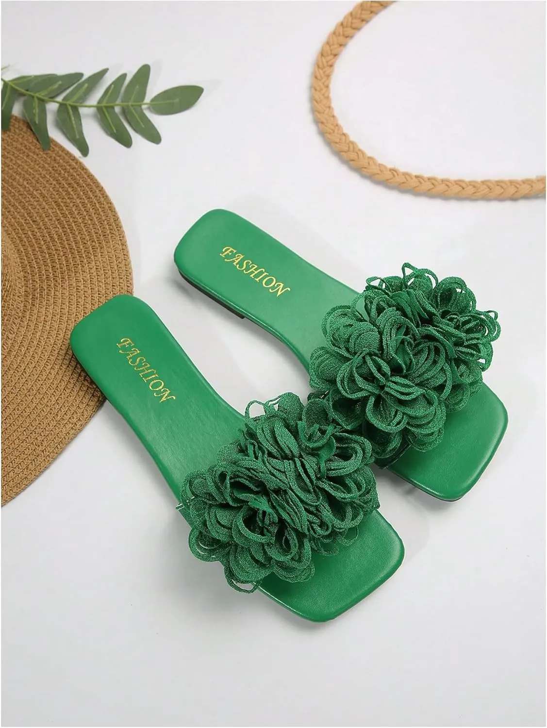 OYOANGLE Women's 3D Floral Flat Sandals Square Open Toe PU Leather Slip on Slides