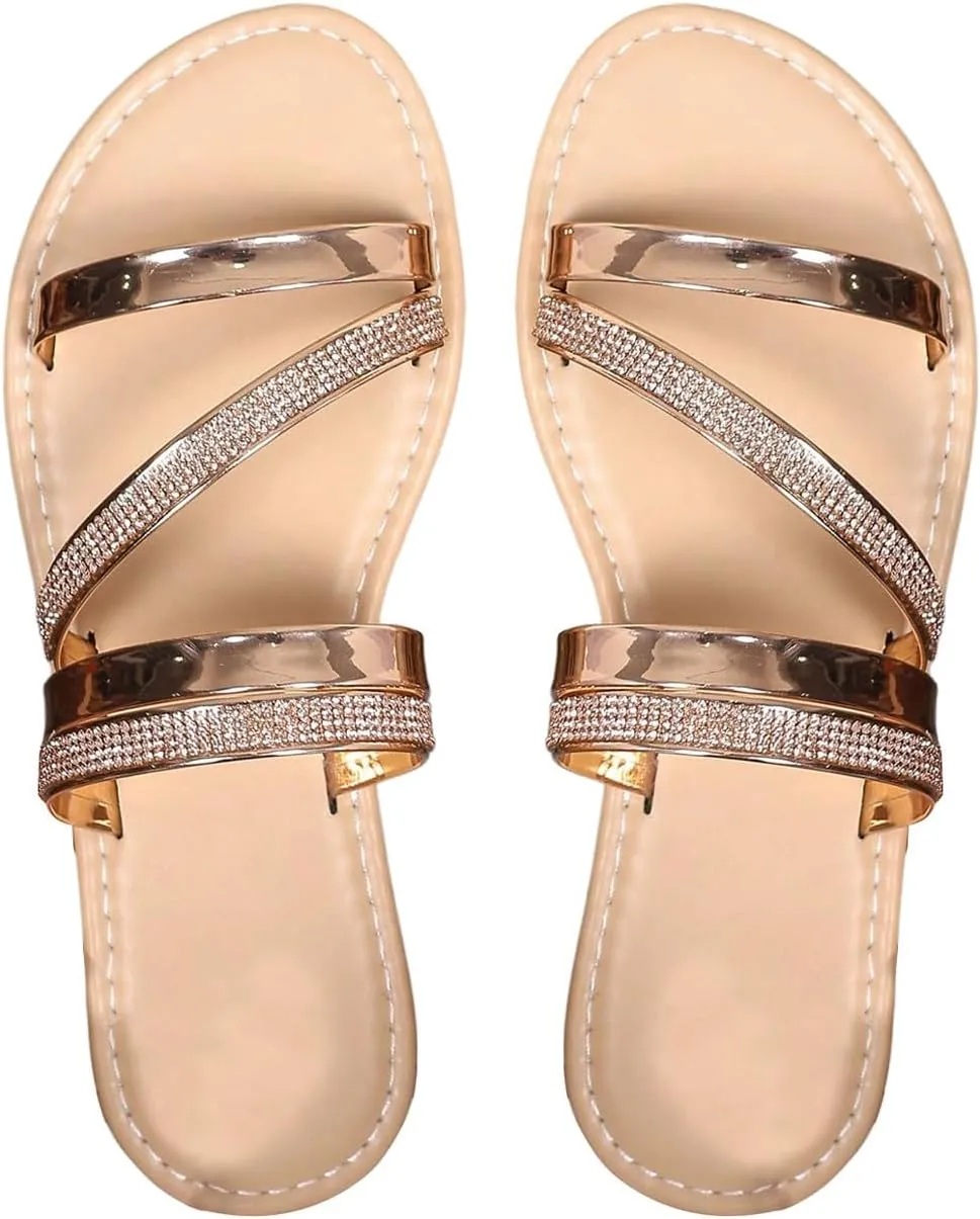 OYOANGLE Women's Glitter Rhinestone Strappy Flat Sandals Metallic Open Toe Slip on Sandals