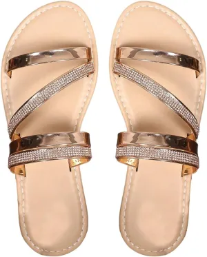 OYOANGLE Women's Glitter Rhinestone Strappy Flat Sandals Metallic Open Toe Slip on Sandals
